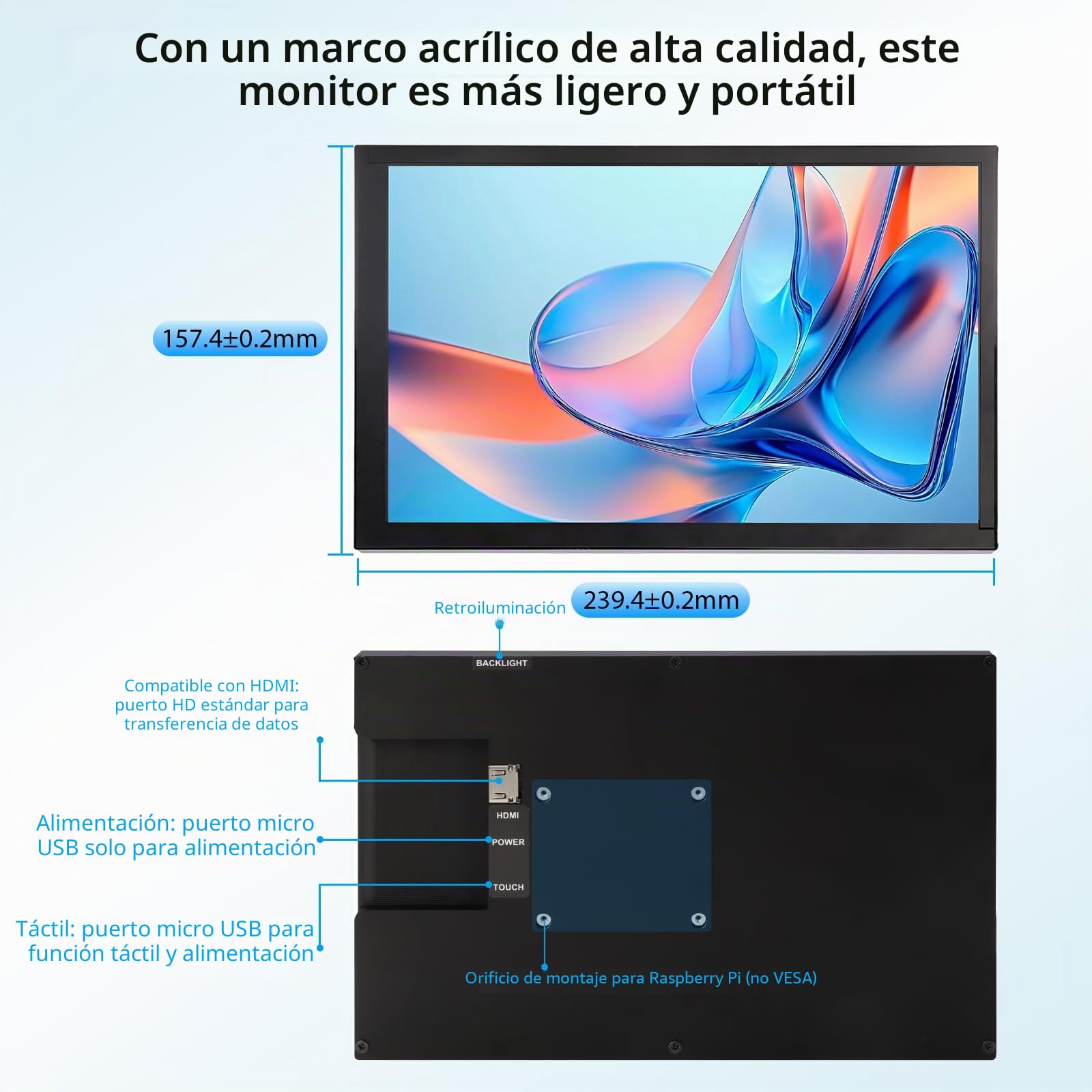 ELECROW Monitor Portátil, 10.1 Pulgadas 1280 * 800 Pantalla Táctil Monitor Compatible con Raspberry Pi, PC