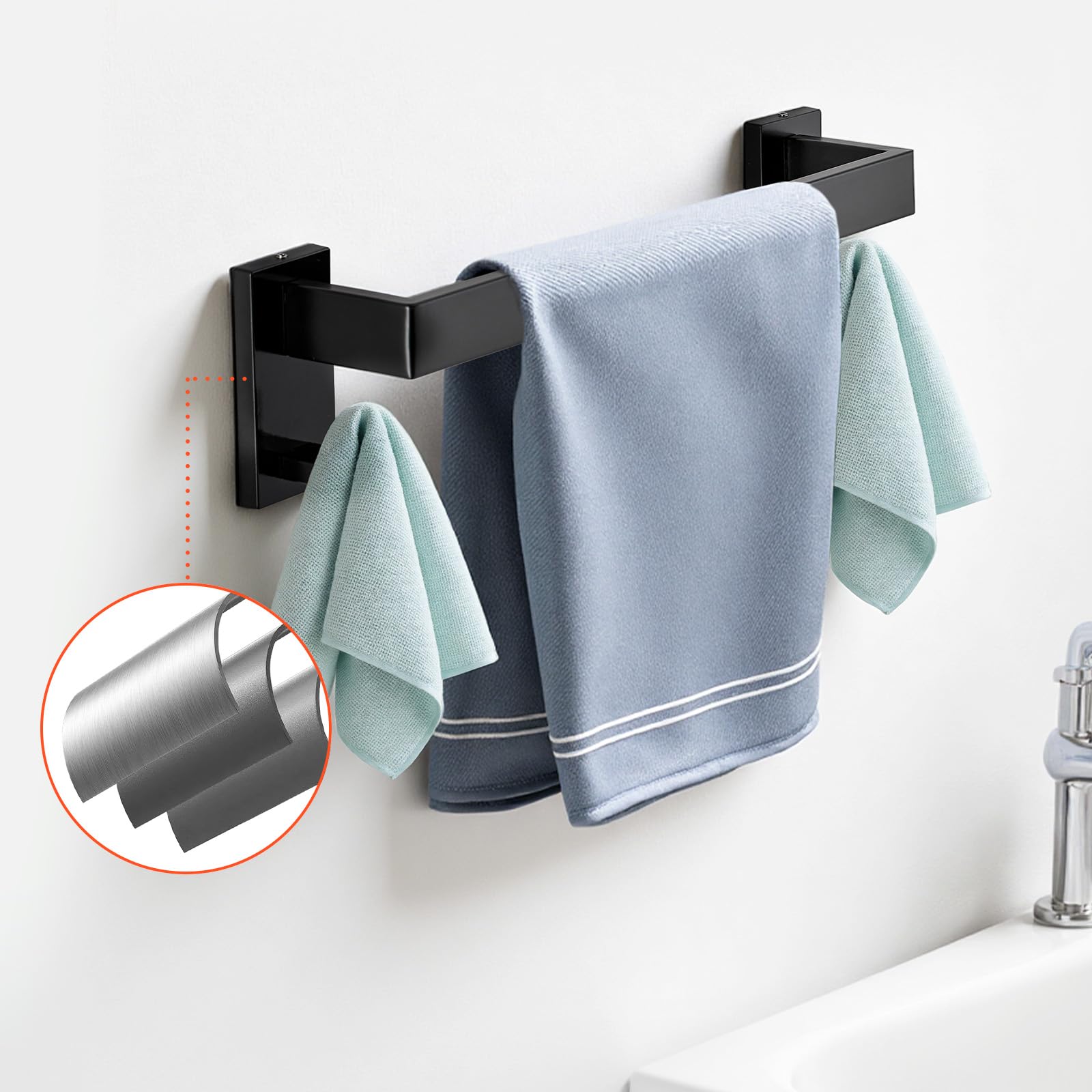 VEVOR Juego de Accesorios de Baño, Acero Inoxidable, con Toallero, Toallero Cuadrado, 2 Ganchos y Portarrollos Papel Higiénico, para Baño, Montaje en Pared, Negro Mate, 400 x 100 x 78 mm, 5 uds