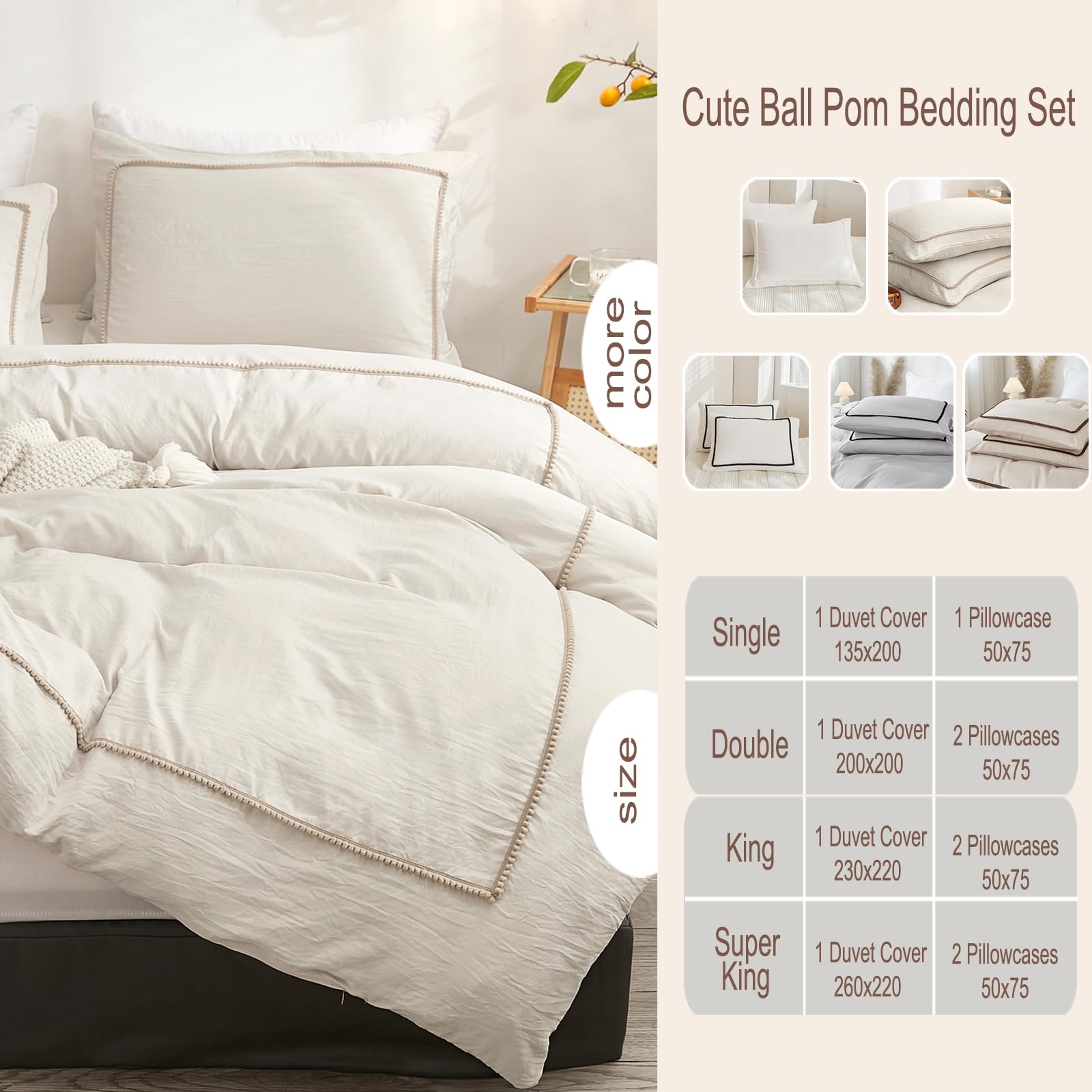 Herside Beige Bedding Set Double Size Khaki Ball Pom Design Solid Duvet Cover Set Microfibre Quilt Cover Boho Rustic Pom Duvet Cover Set Reversible Bedding for Girls Teens - Image 4