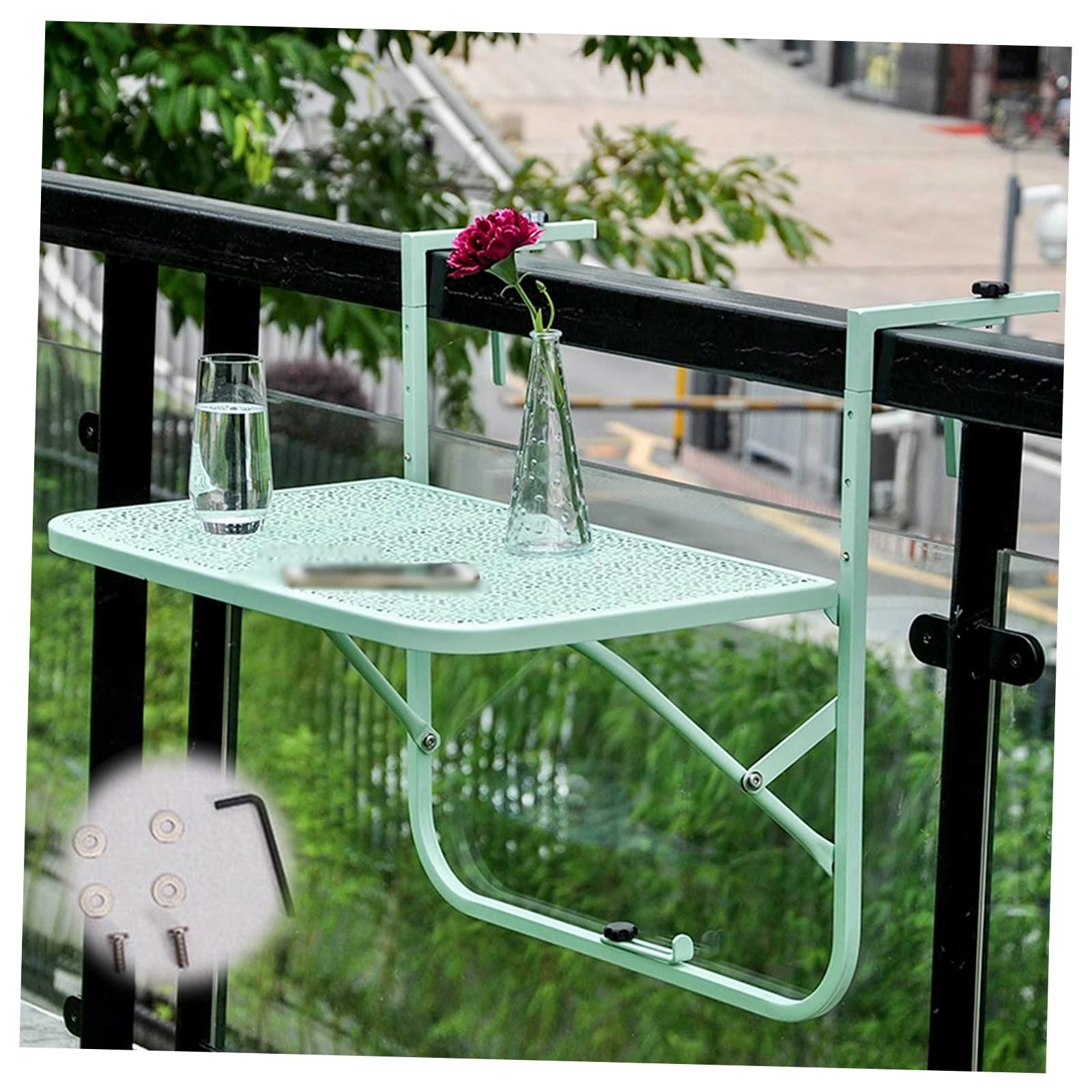 Table De Balcon Suspendue,Table Pliante avec Hauteur RéGlable, Table de terrasse Table de Bar de Balcon for Garde-Corps, Table Rabattable métal, Capacité de Charge 15 kg(Green)