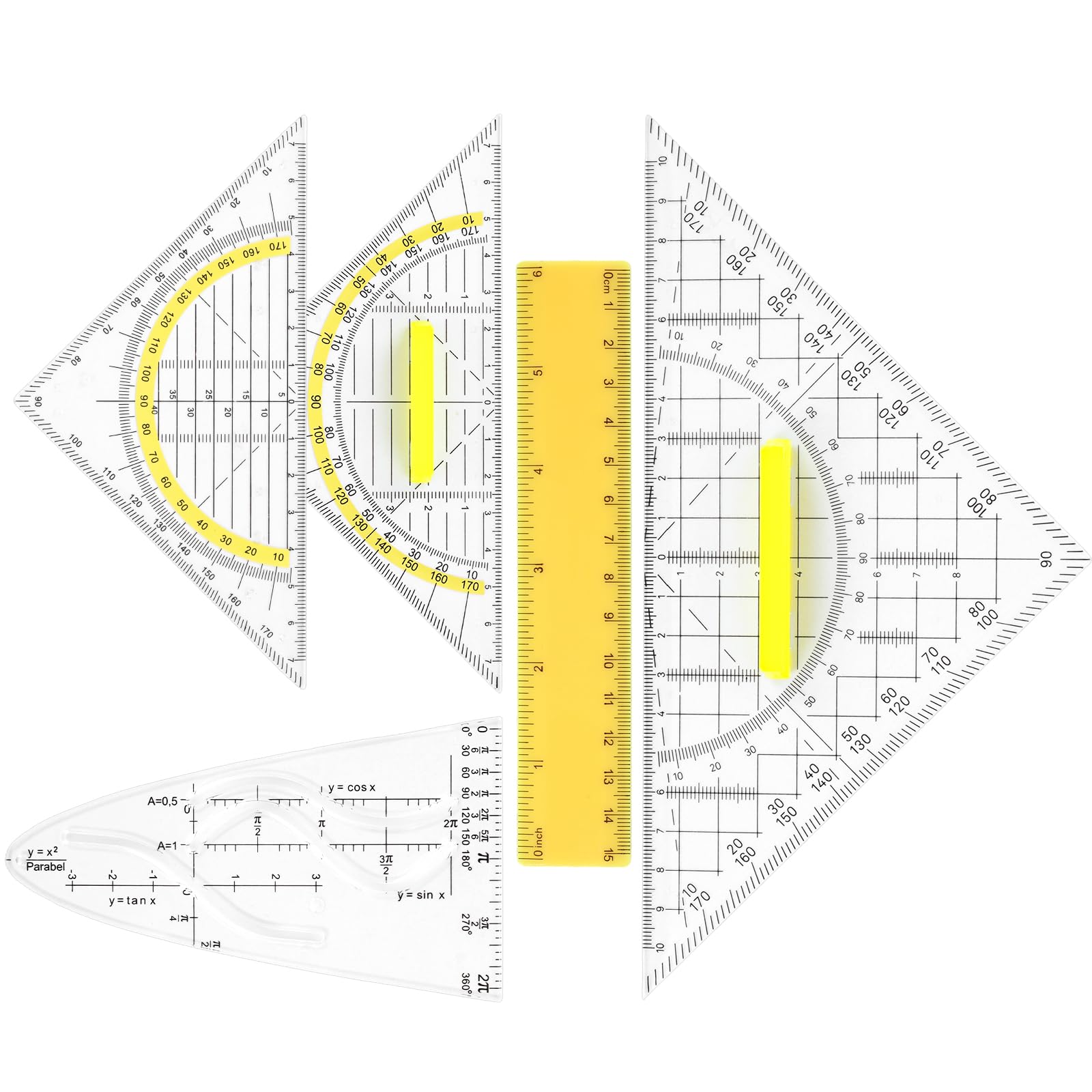 Geometrie-Zeichenset 5-teilig mit Griff - Geodreieck groß & klein, Parabelschablone, Kurvenschablone, Lineal 15-22 cm für Schule, Studium & Büro