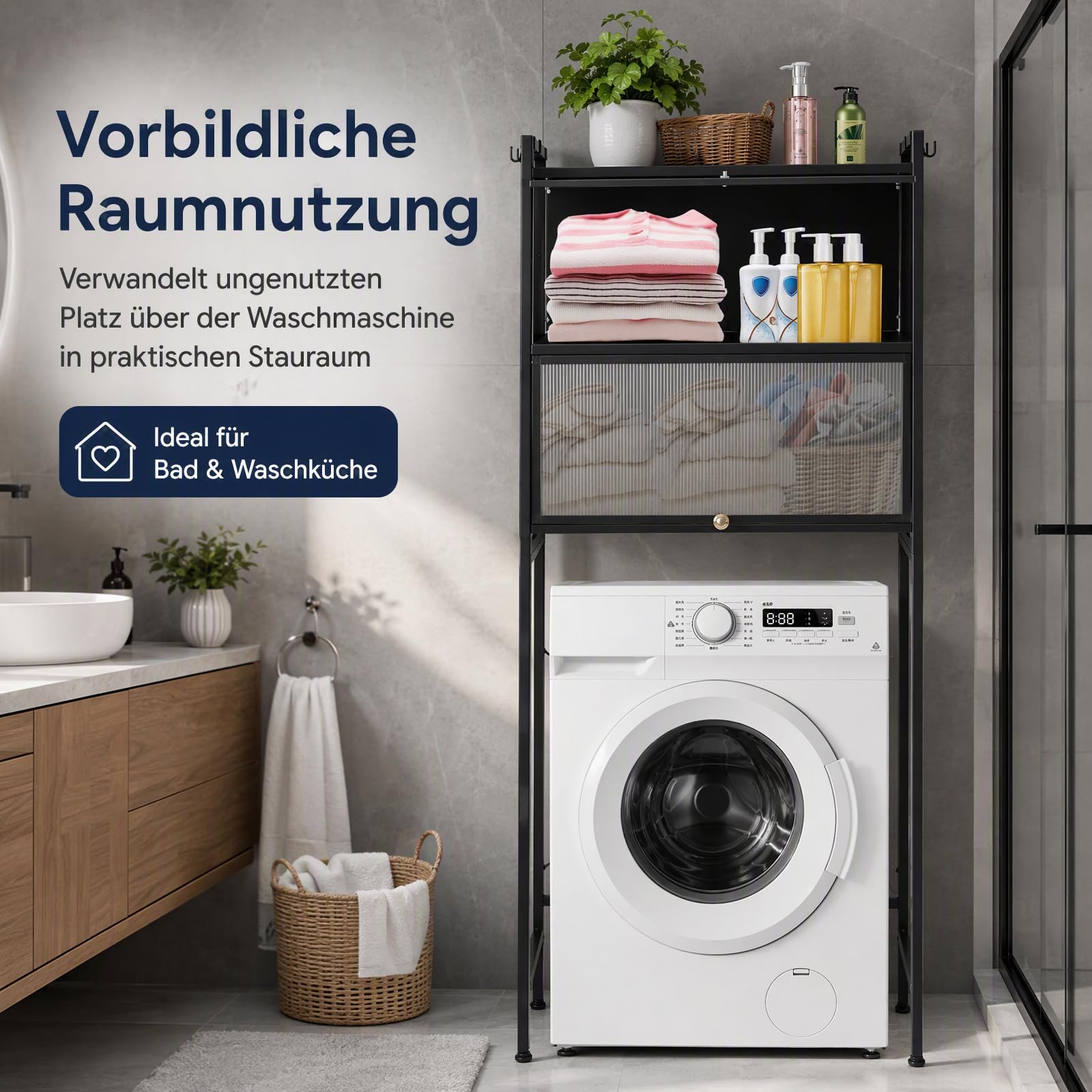 Aufbewahrungsregal mit Schrank,Waschmaschinenschrank Badezimmerschrank für Waschmaschine/Trockner, Waschmaschinen Regal Waschmaschinenschrank,für Küchen, Bäder,Waschküchen,Garagen (Schwarz)