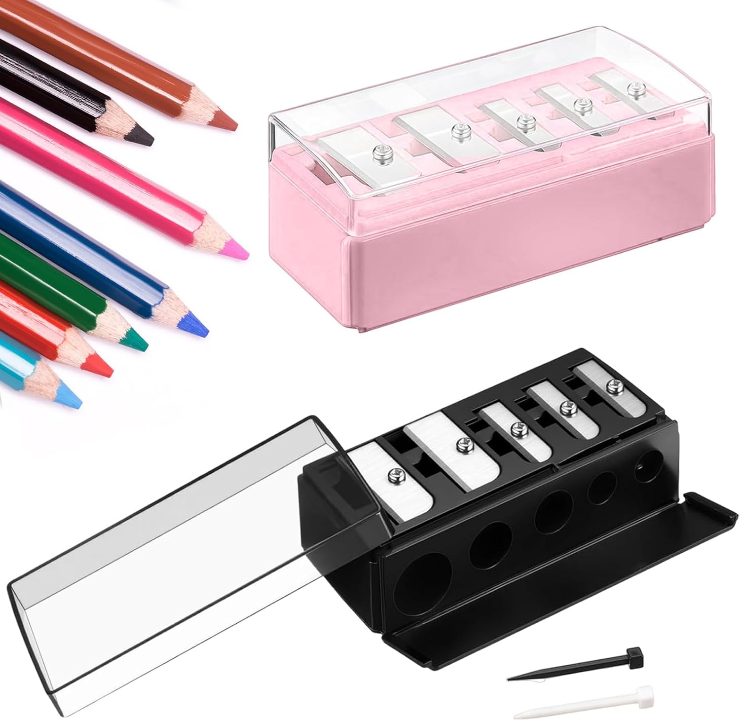 2 Pcs 5 Hole Makeup Pencil Sharpener, Manual Cosmetic Sharpener for Eyeliner Eyebrow Lip Liner with Lid & Cleaning Pick