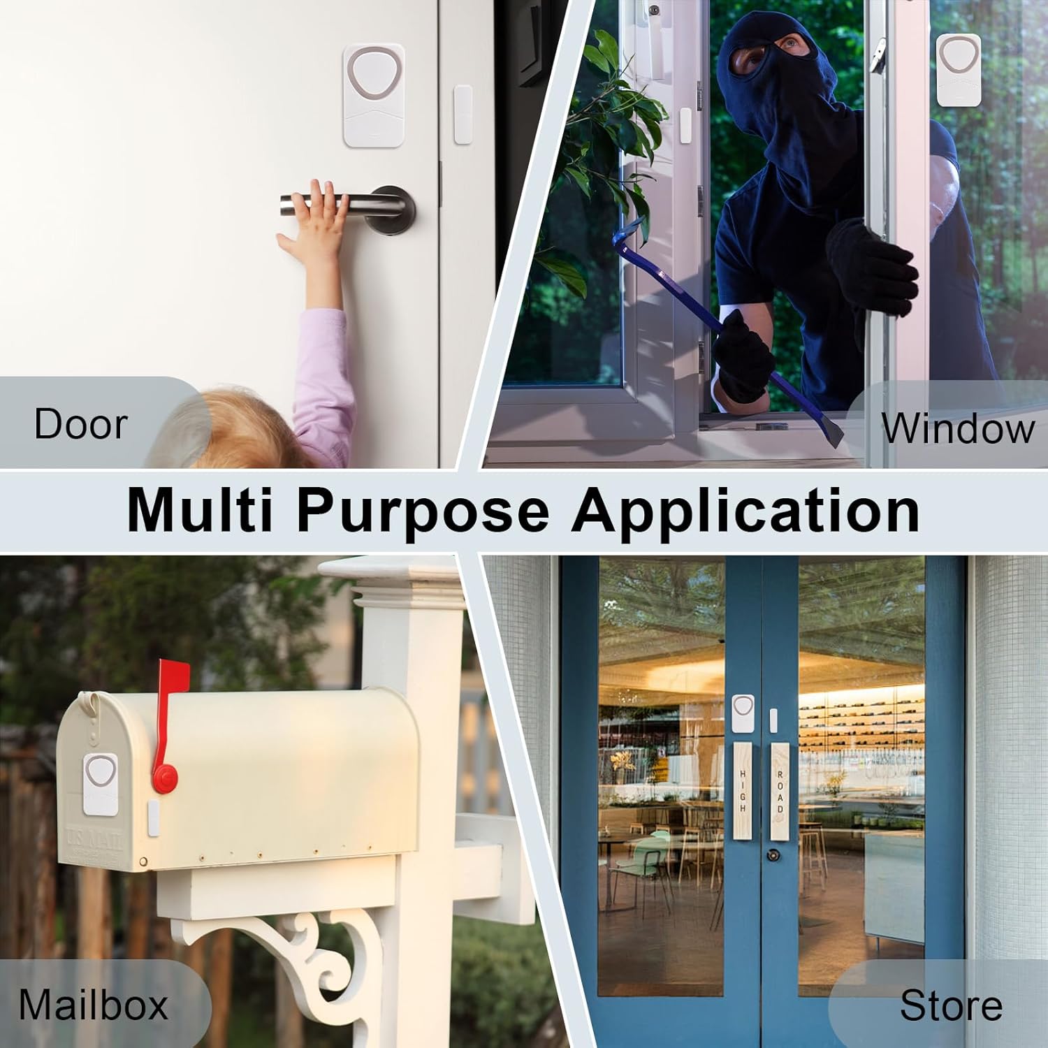 Image showing multi-purpose application of the NineLeaf door alarm on a door, window, mailbox, and store entrance.