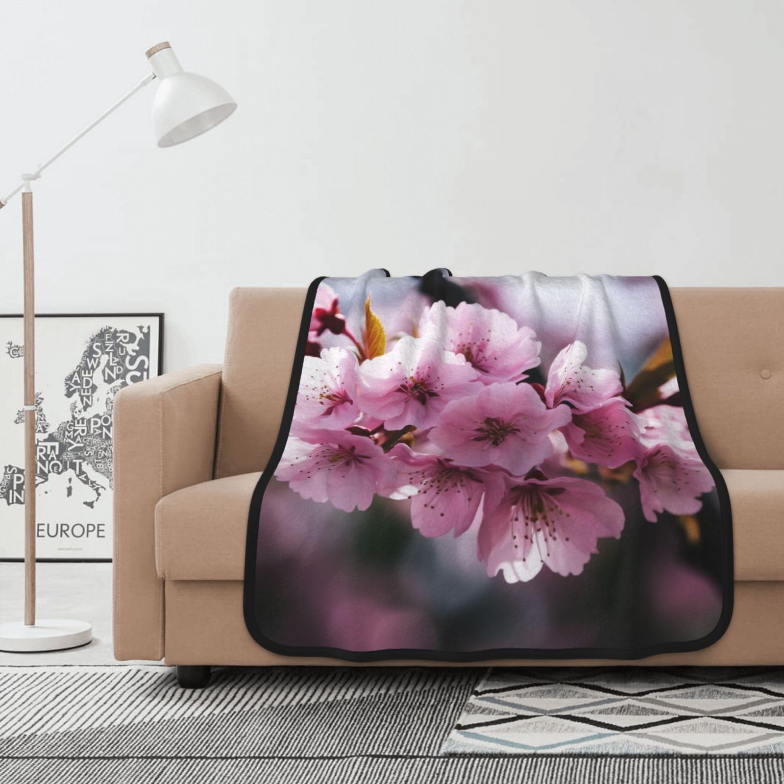 Couverture polaire rose motif fleur de cerisier plaid flanelle douce