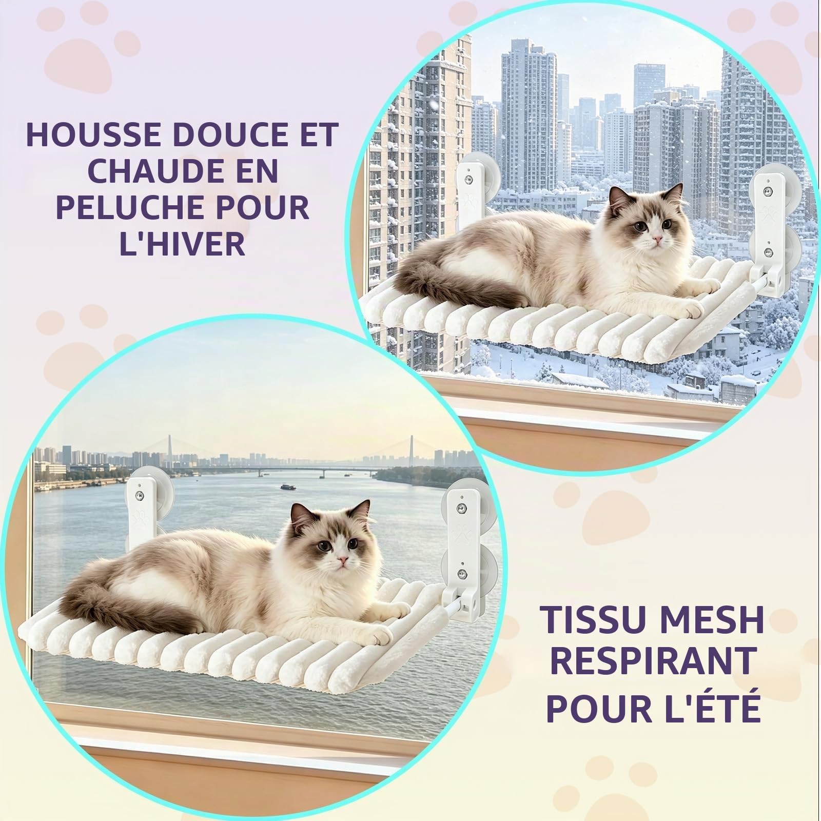 Hamac Chat Fenetre, Perchoir Chat Fenetre avec 4 Ventouses, Cadre Acier Épais Solide,Lit Peluche Pliable, Hamac pour Chats, Facile à Démonter, Supporte Jusqu'à 18kg