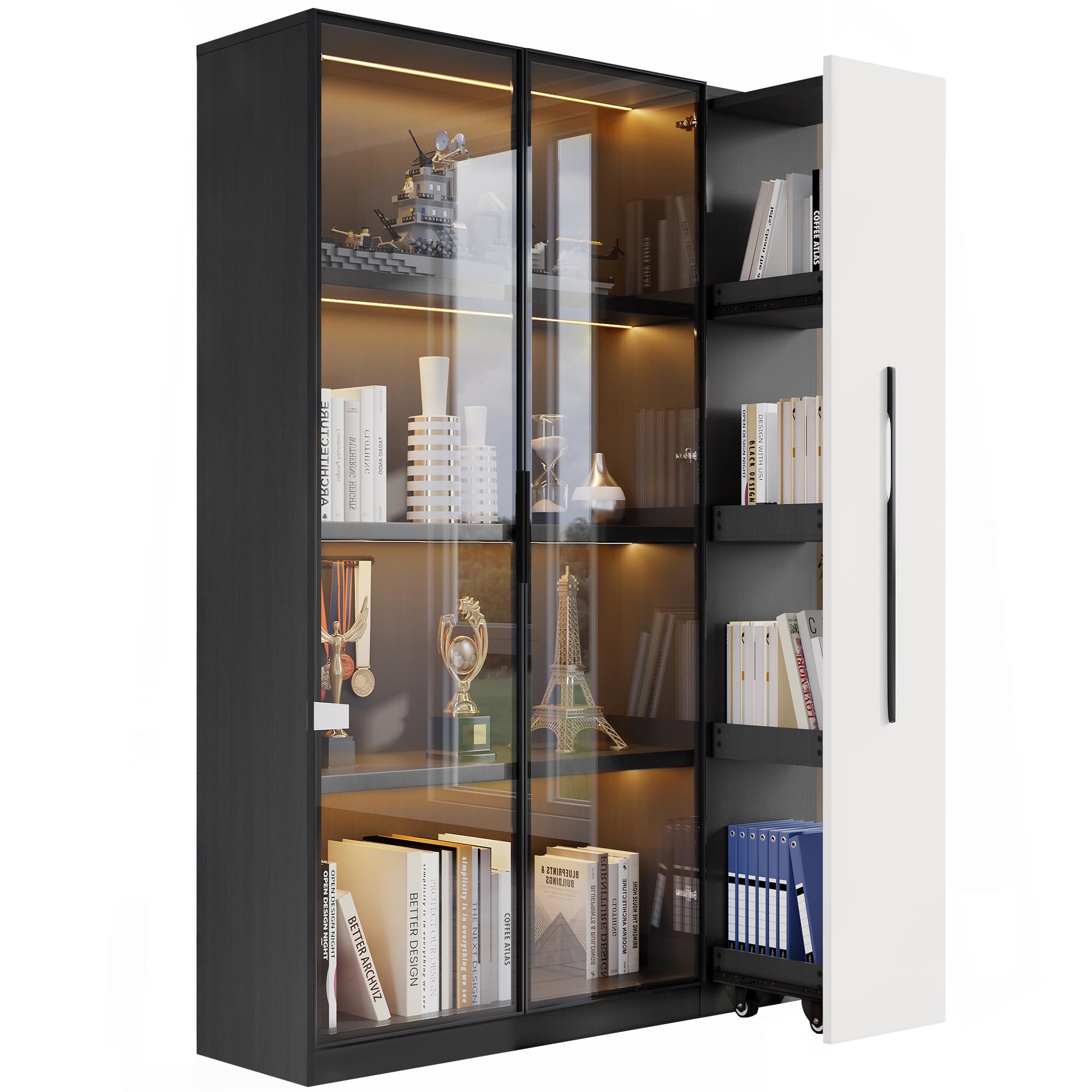Armadio multifunzione con LED e porta in vetro - 110,5 x 35 x 160 cm - Vetrina con armadio su ruote estensibile - Armadio alto moderno in bianco + nero per soggiorno, ufficio, bagno