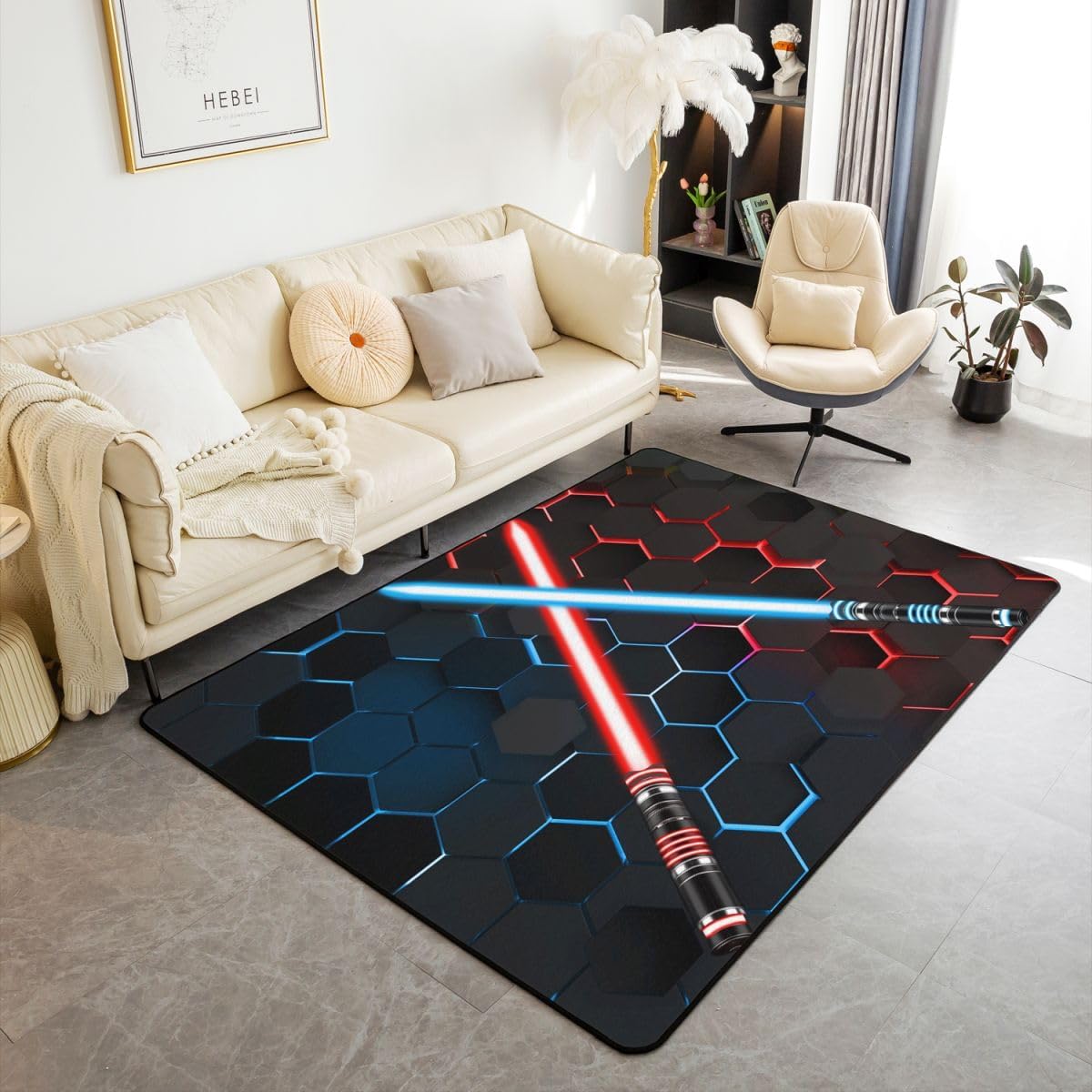 Castle Fairy Lightsaber Area Rug 3'x5', 3D Neon Blue Red Non Slip Rug for Kids Teen Boys Women Men,Fashion Vintage Stone Indoor Floor Mat for Dining Room Backyard Decor