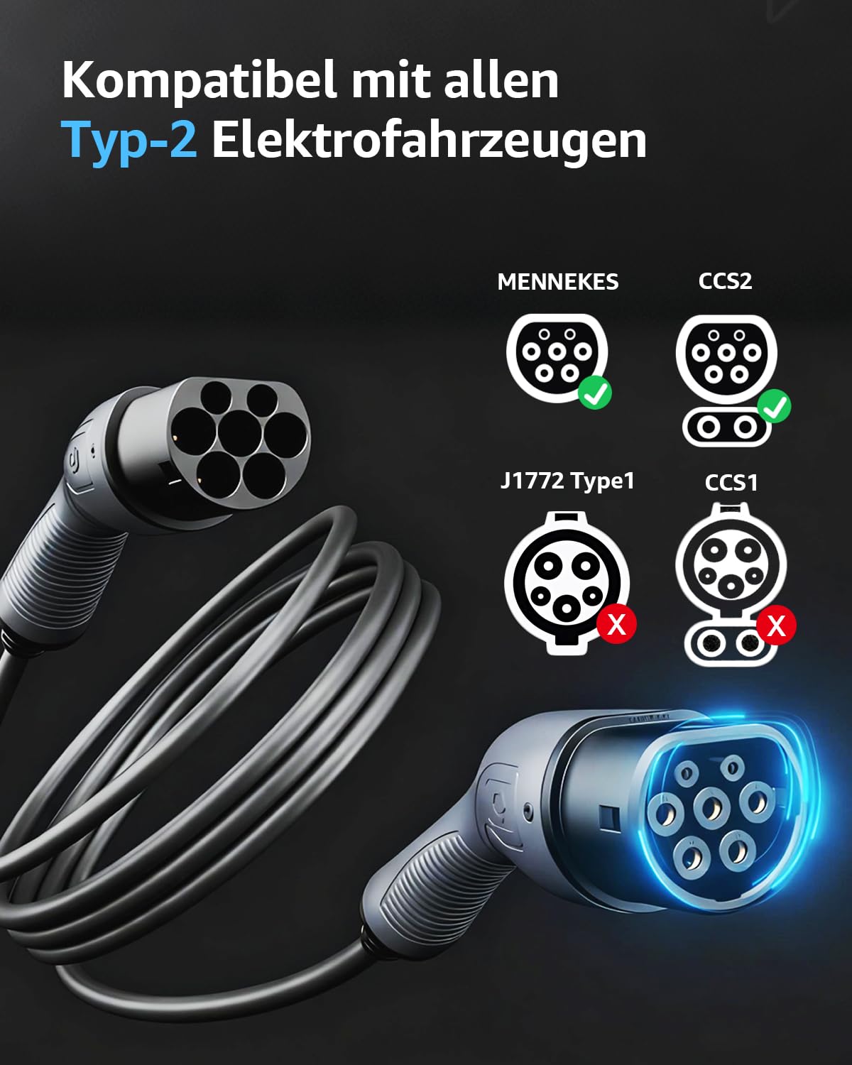 bokman Typ 2 Ladekabel, Modus 3 / 16A / 11 kW / 3-Phasig / 5 Meter, Typ 2 auf Typ 2 EV Ladekabel für Elektroauto mit Tragetasche und Mikrofasertuch