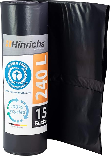 Hinrichs 15 x 240L Wheelie Bin Liners 240L Heavy Duty  Black Rubbish Bags 100 x 125 cm - LDPE - Wheelie Bin Bags - Food Waste Bags  Black Refuse Sacks - Extra Large Bin Bags - Wheely Bin Liner Bags