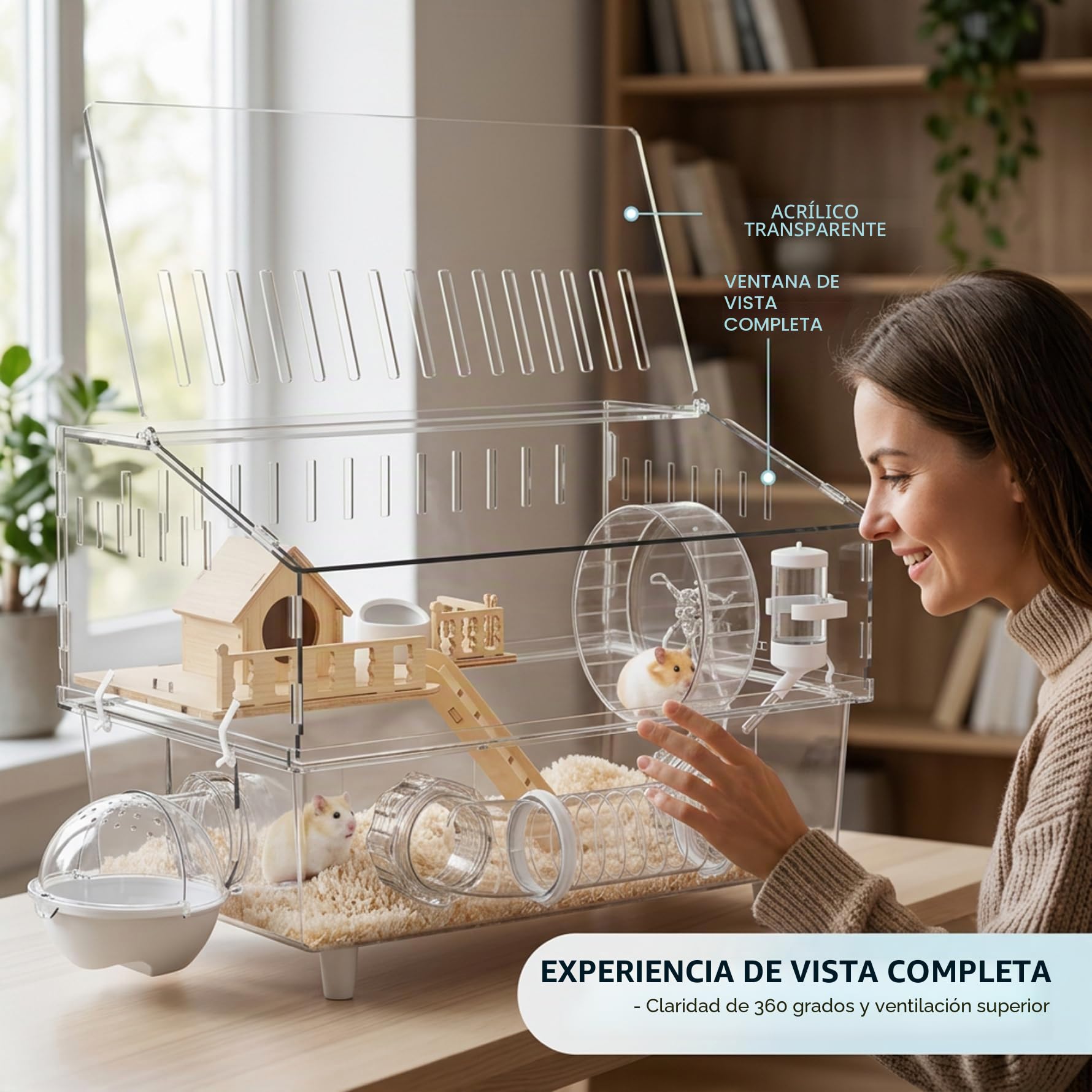 Jaula para hámster, espaciosa Jaula para hámster de 2 con Paneles Transparentes de Vista Completa y escondite de Madera para una fácil Limpieza (Juego de 9 Piezas)
