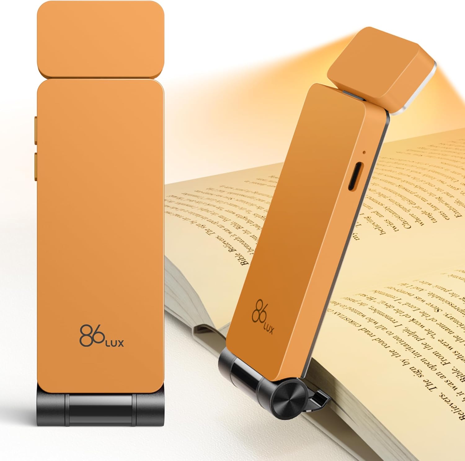 86lux Book Light, Rechargeable Reading Lights for Books in Bed, Ultralight Clip-on LED Bookmark Lamp with 3 Amber Colors & Stepless Dimming for Night Reading for Book Lovers, Kids, Papaya Orange