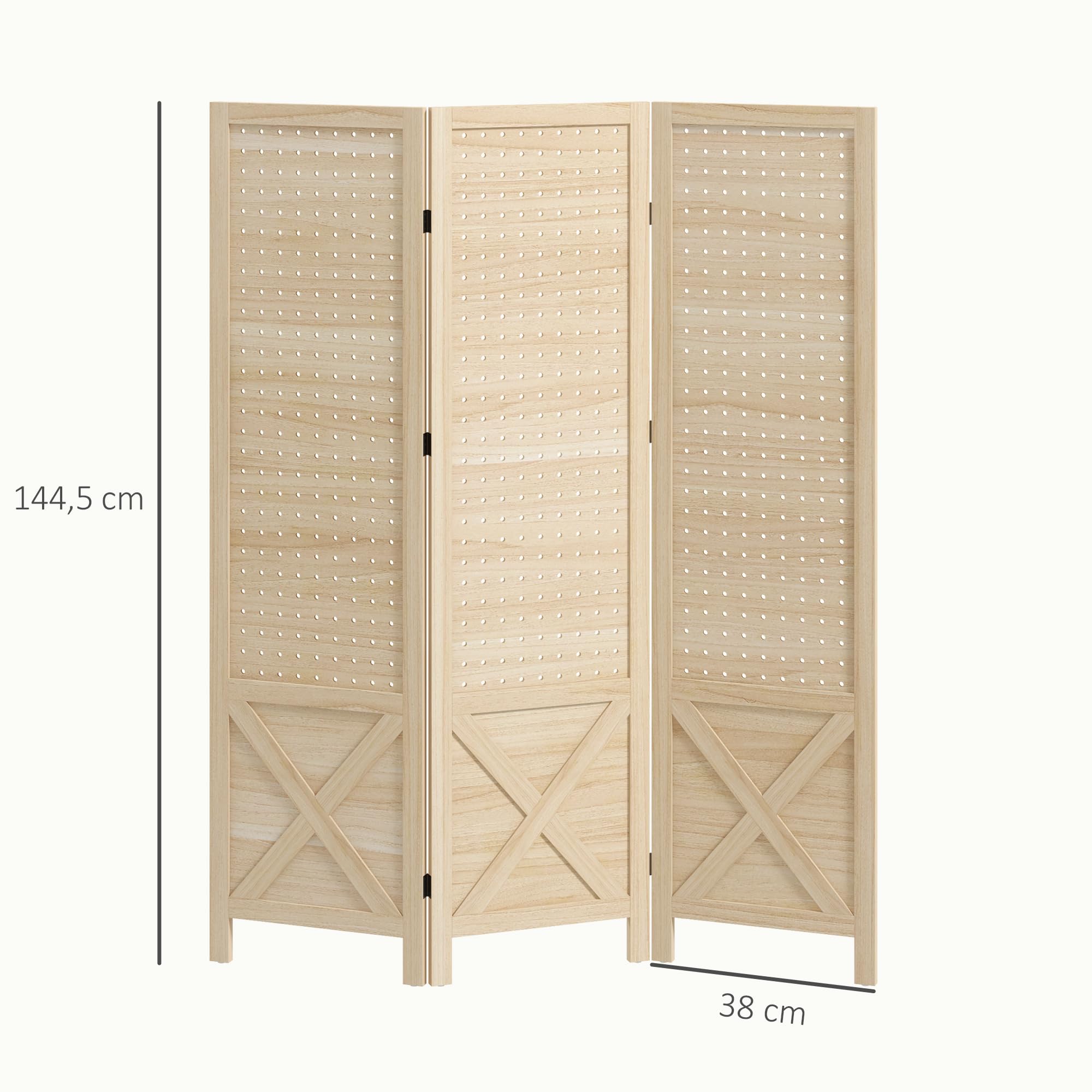 HOMCOM 3 pannelli divisorio con pegboard 1,4m naturale | Schermo in legno pieghevole per privacy, divisorio a parete per ufficio domestico