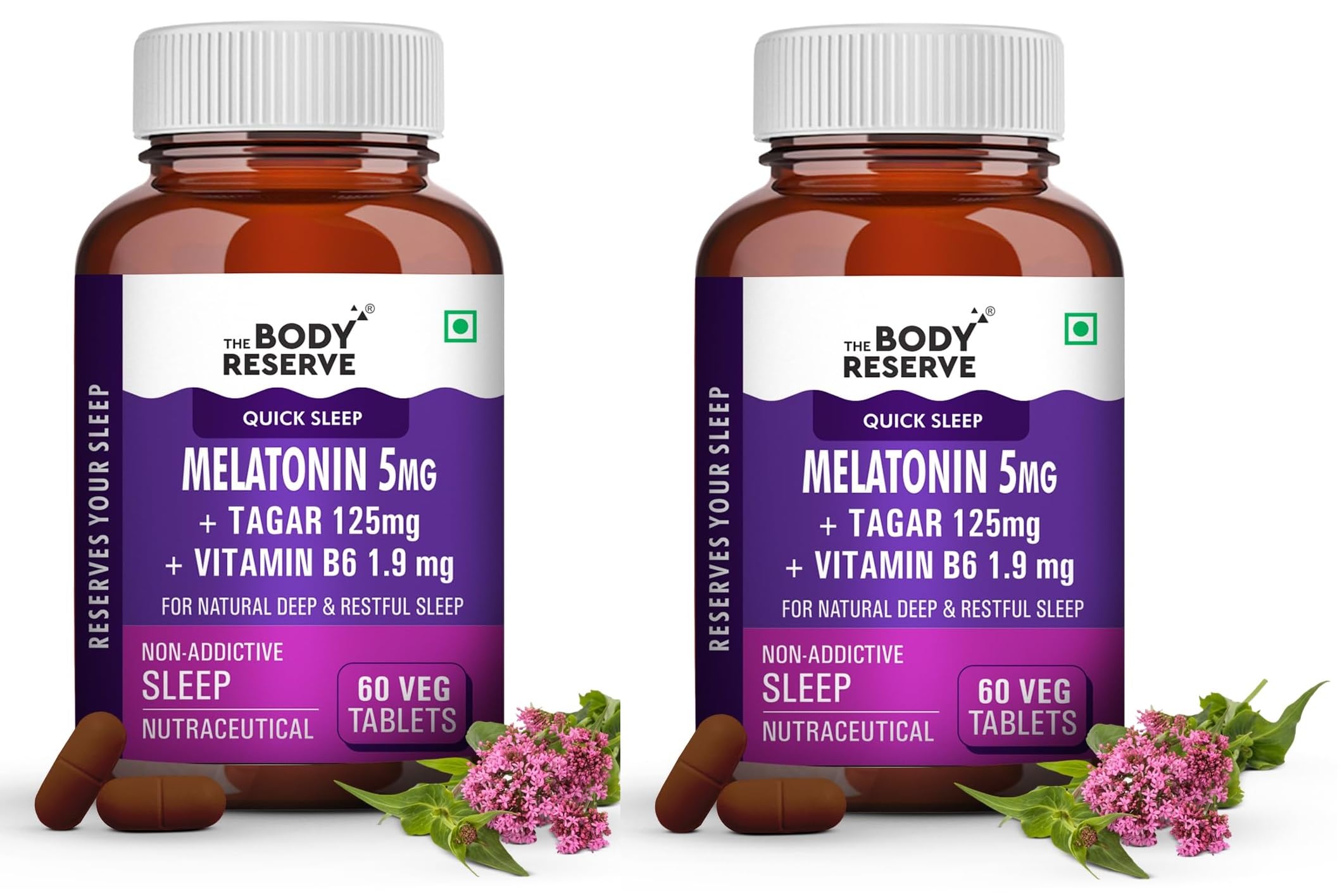 The Body Reserve Melatonin 5mg with Tagar 125mg for Natural Sleep Aid, Muscle Recovery, Nerve Relaxation, and Stress Relief Non-Habit Forming Sleep Aid for Men & Women (60 Veg Tablets) Pack of 2