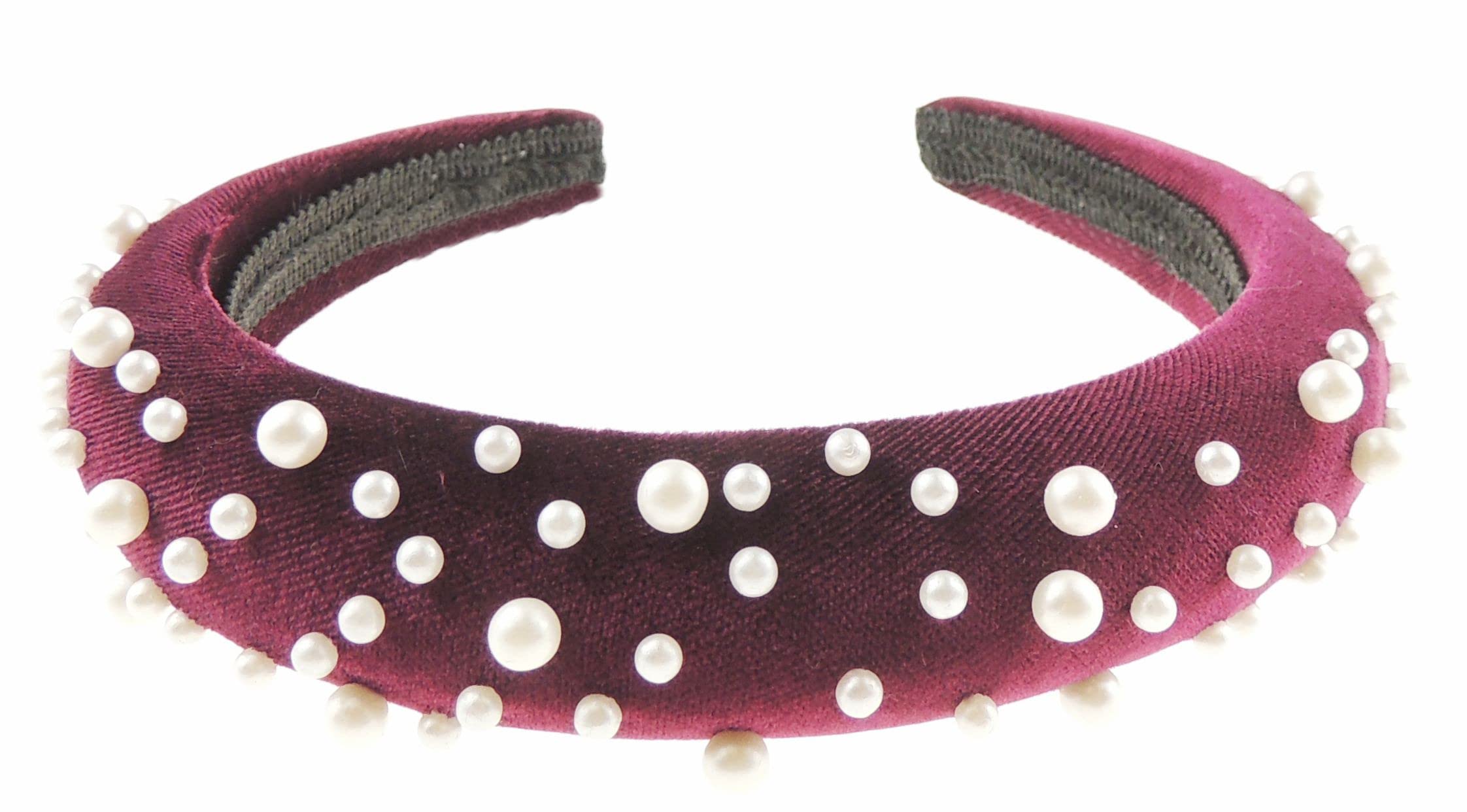 Glamour Girlz Cerchietto imbottito da donna in velluto con perle finte incastonate e perline (bordeaux)