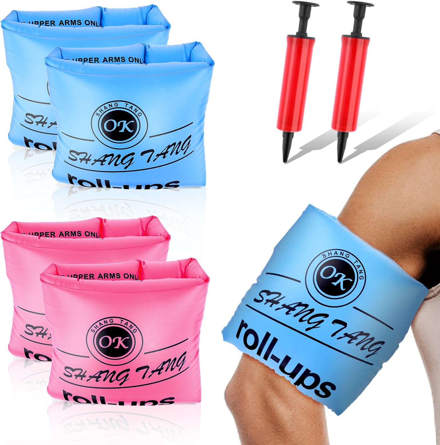 2 Pack Arm Floaties for Adults and Kids, Water Wings Inflatable Arm Swimming Floats Swim Rollup Arm Bands with Inflator Safety Arm Floaties for Swimming Pool Water Sports Party