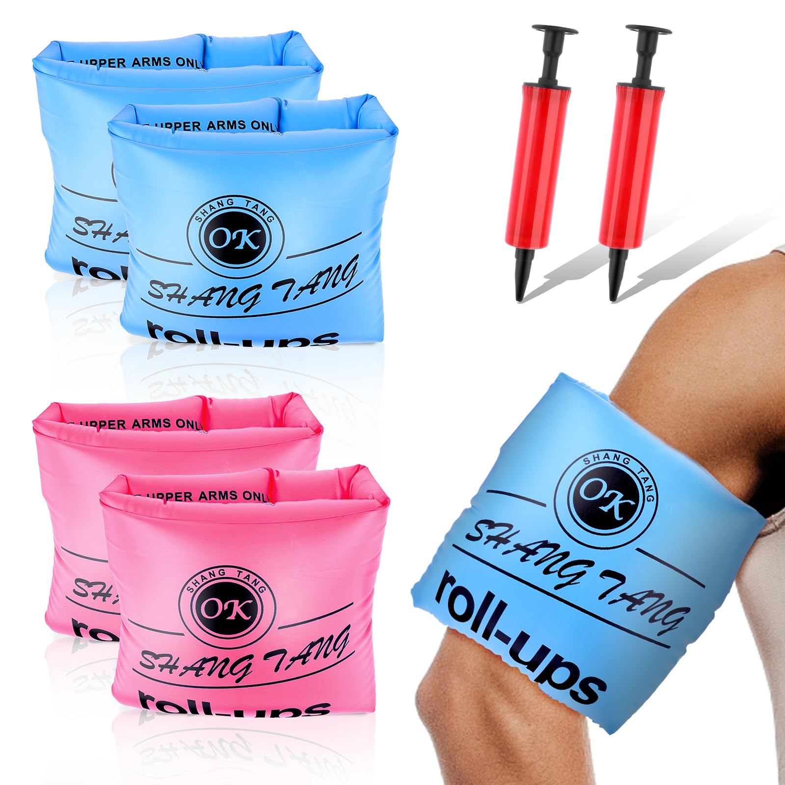 2 Pack Arm Floaties for Adults and Kids, Water Wings Inflatable Arm Swimming Floats Swim Rollup Arm Bands with Inflator Safety Arm Floaties for Swimming Pool Water Sports Party