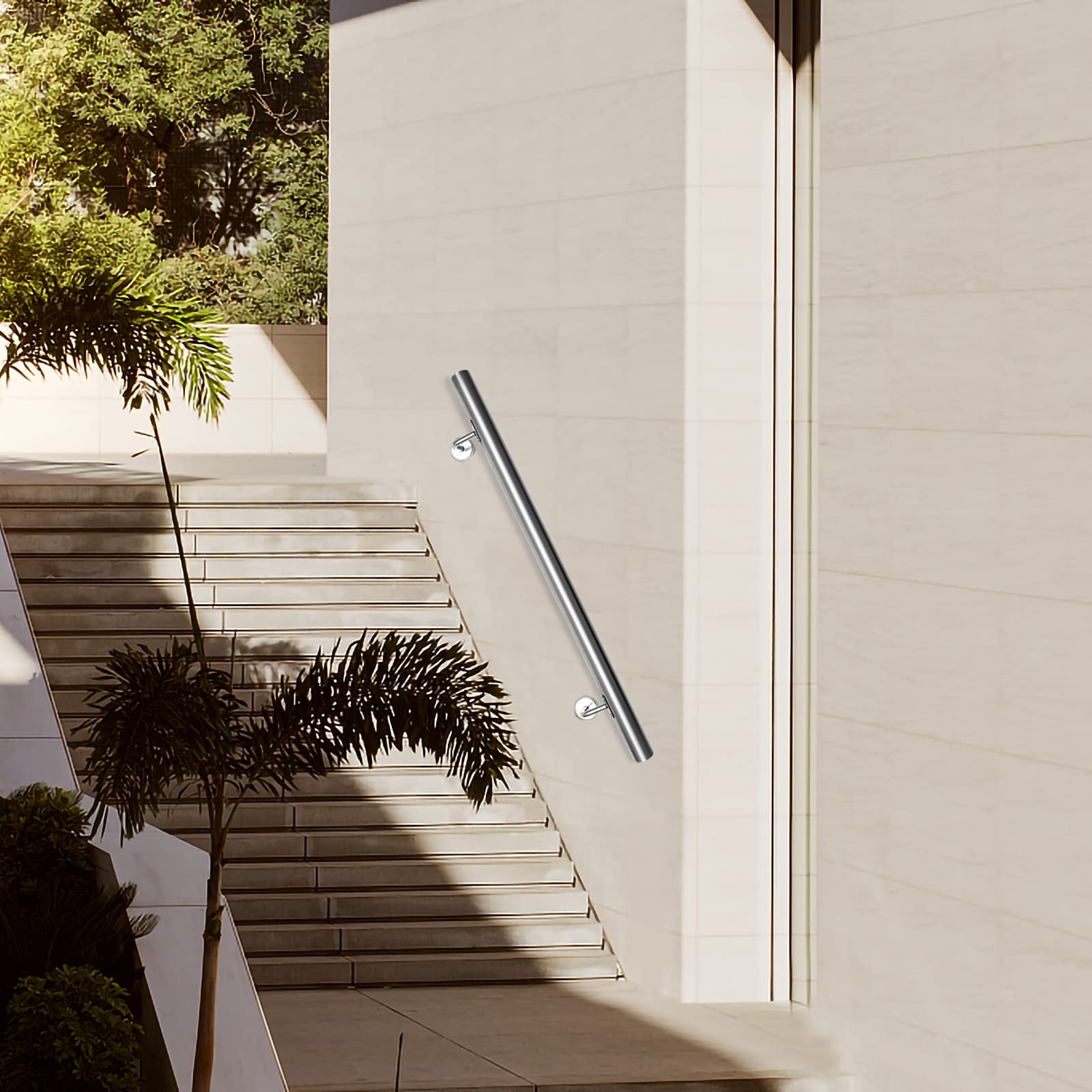 Corrimano in acciaio inox, 160 cm, ringhiera per scale con supporto a parete e tappi terminali, corrimano da parete per interni ed esterni