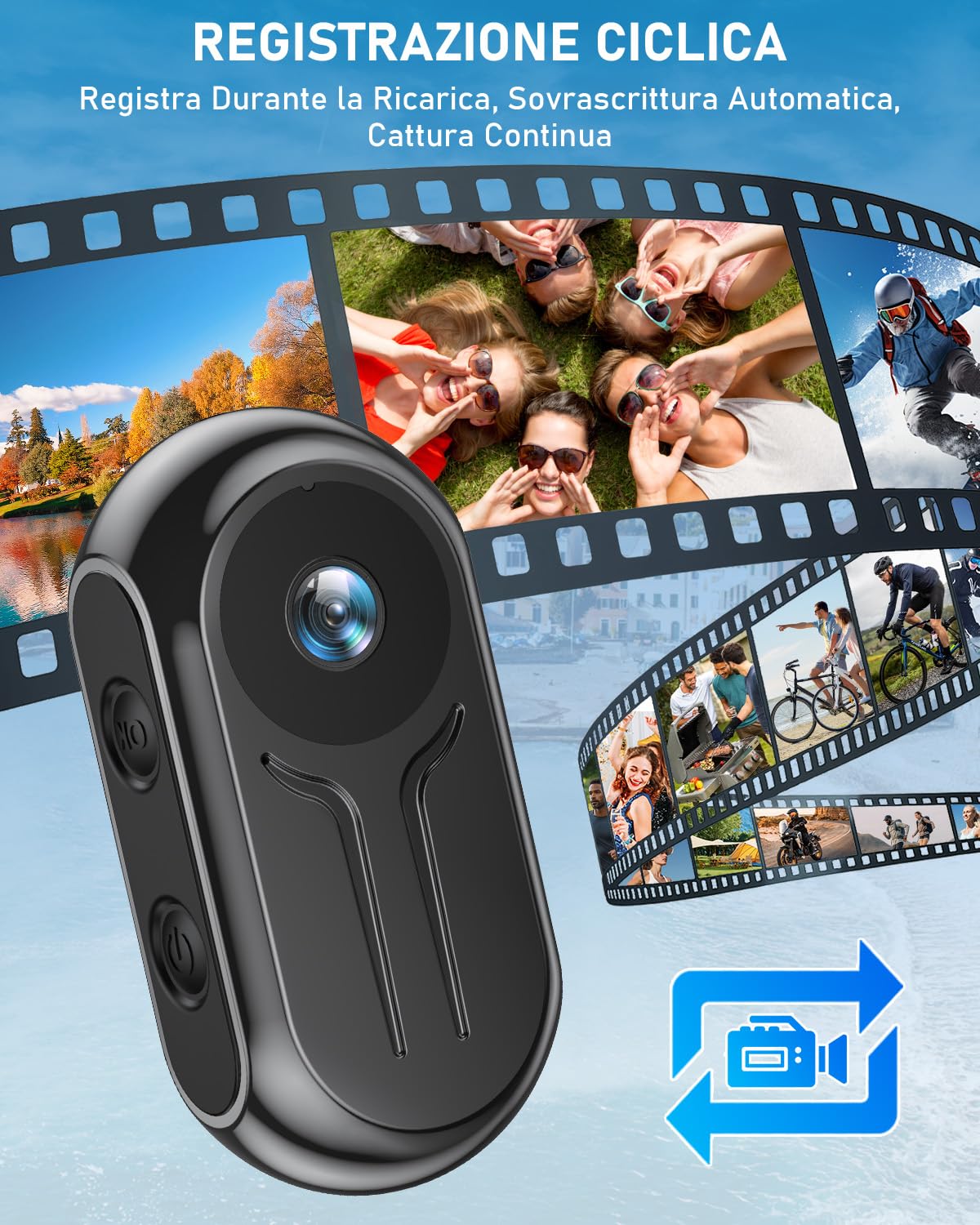 Action Cam con WiFi 2K Ultra-HD, Mini Body Cam con Registrazione, Telecamera Moto con Grandangolo da 120° con schermo, Videoregistratore indossabile a mani libere per Vlog Bicicletta