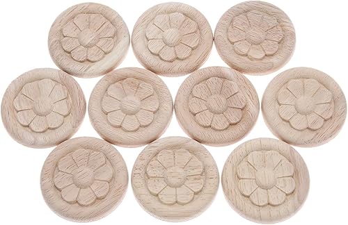MUXSAM Paquete de 10 calcomanías redondas de flores talladas en madera para decoración de muebles de puerta de armario (2.36 pulgadas)