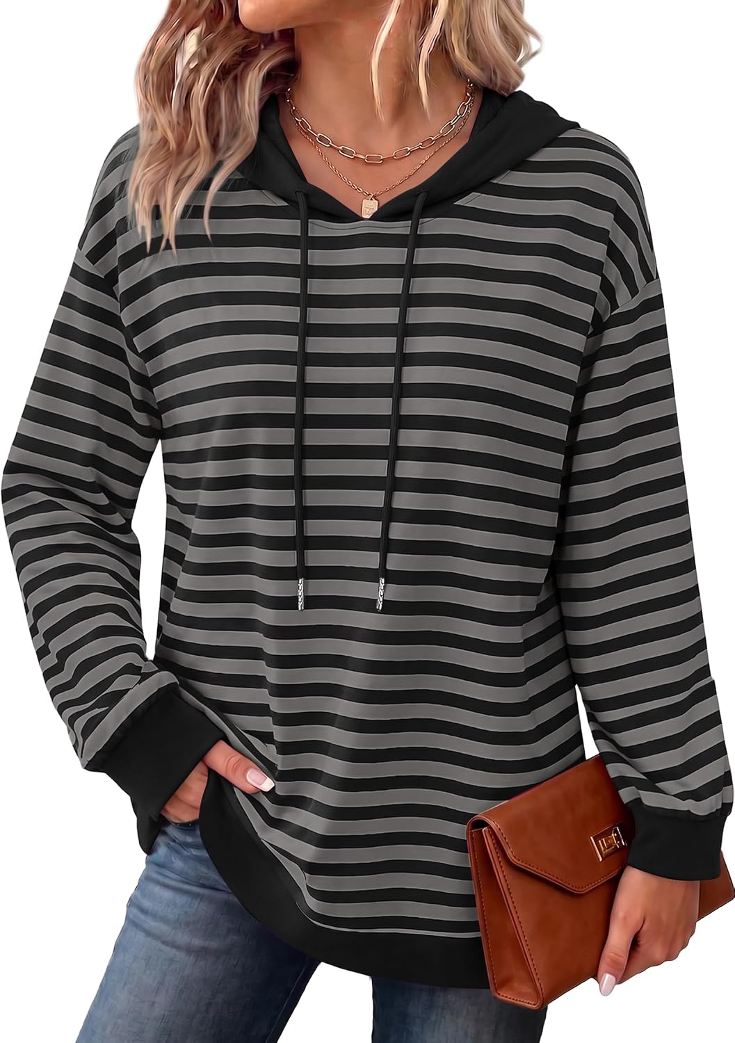 OFEEFAN Hoodies for Women Striped Sweatshirt Long Sleeve Top Fall Outfits