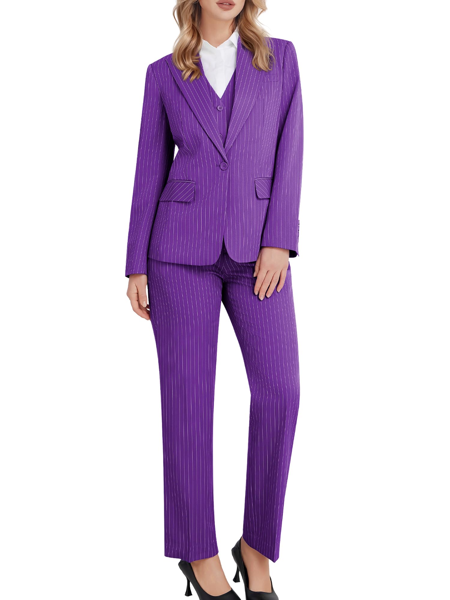 Kelyaa Completo da donna, 3 pezzi, a righe, con un bottone, slim fit, giacca e pantaloni professionali