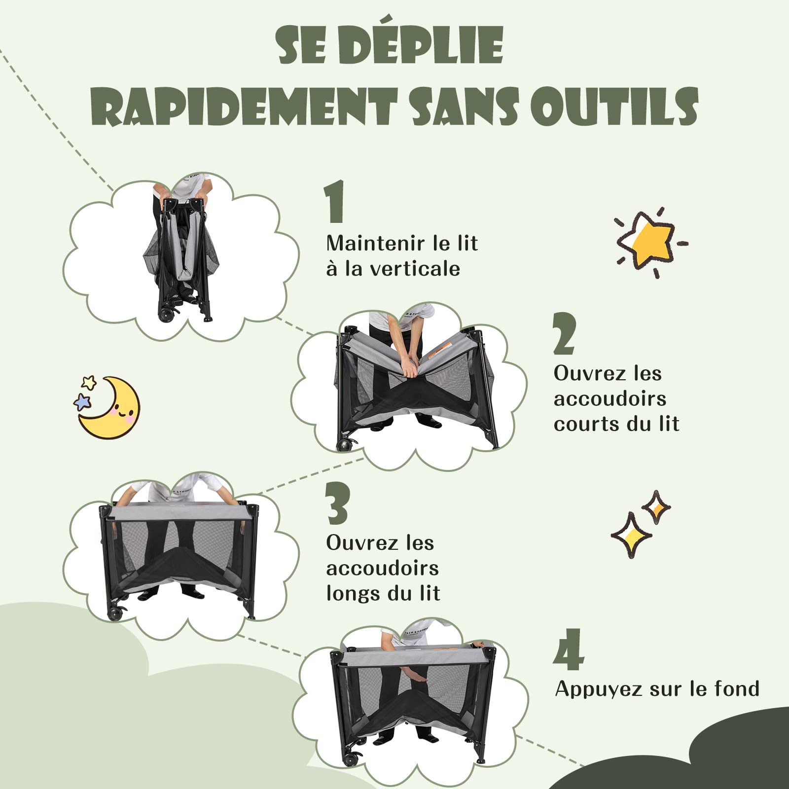 DREAMADE 5 en 1 Lit Parapluie Bébé 110x78x78CM avec Matelas&Berceau Amovible Lit de Voyage Bébé 0-3 Ans avec Porte-Couche,Table à Langer,roulettes avec Freins (Nior1)