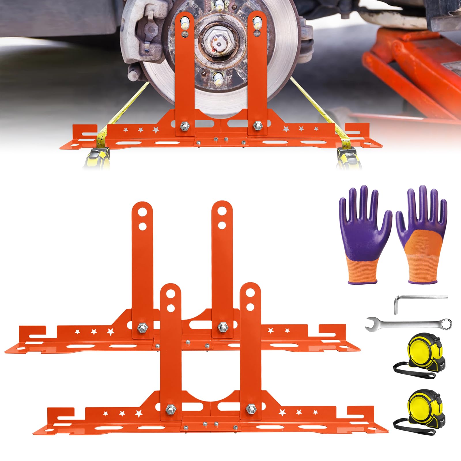 FitraNovay Advanced Wheel Alignment Tool Kit – 2 Heavy-Duty Tape Measures & Gloves – Anti-Slip Stainless Steel Plates for Cars/Trucks/SUVs (Orange)