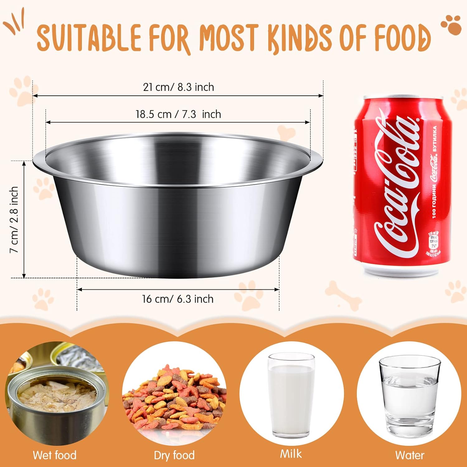 Yahenda 6 Pcs Stainless Steel Metal Dog Bowls Bulk Replacement Basic Thickened Pet Bowls for Small Medium Large Dogs, Dishwasher Safe(8.3 Inch)