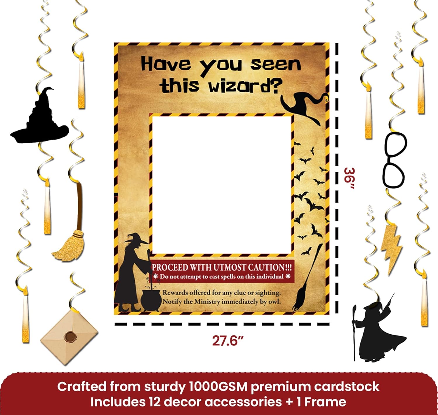 IndoTribe Wizard PhotoBooth Frame 36"x27.6" Glitter Printed Wizard Hanging Swirls 12 Pcs Wizard Party Decorations Magical Party Decorations Wizard Ceiling Streamers Cutouts Wizard Photobooth Props