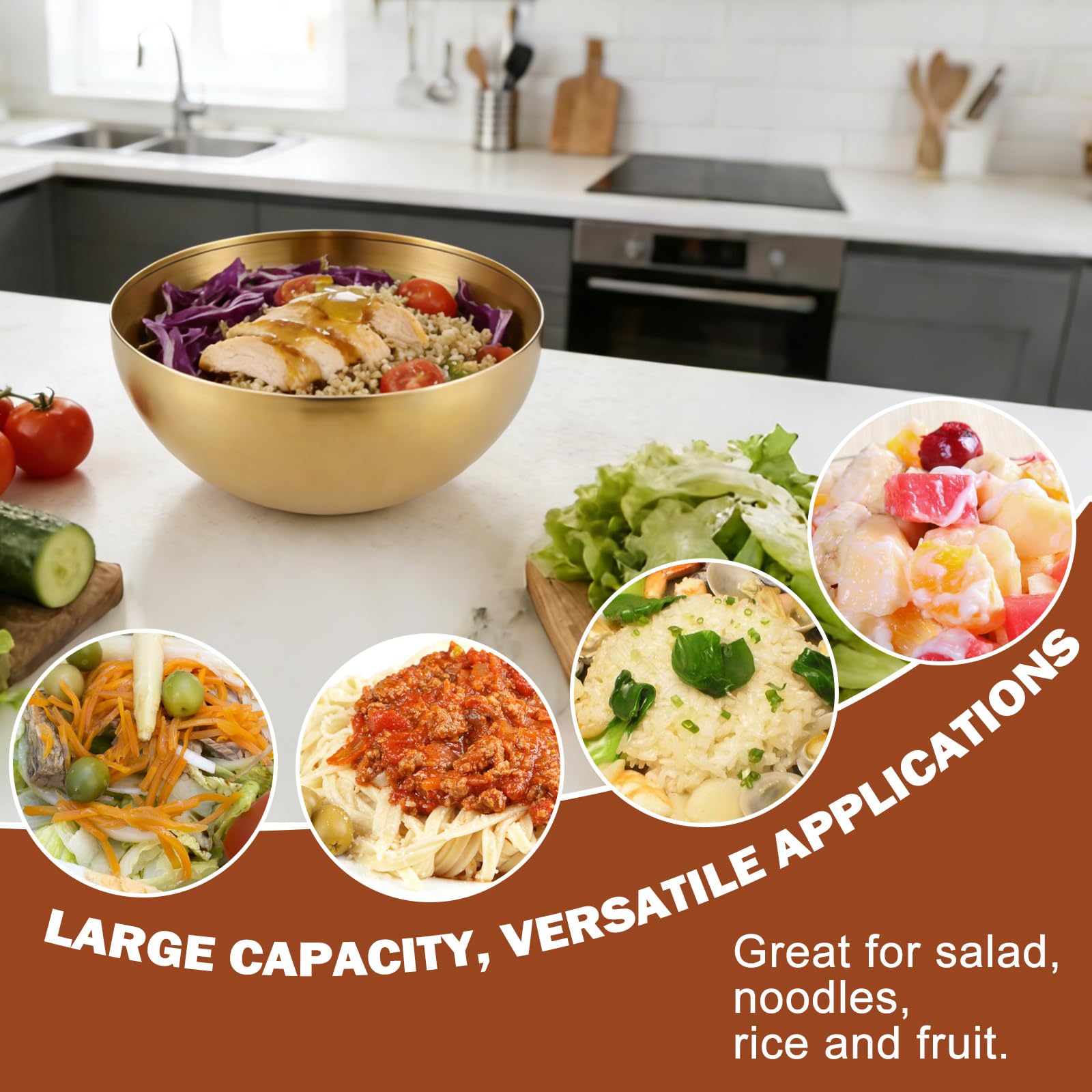 3 ciotole di riso in stile coreano dorato: piccole ciotole dorate in acciaio inox, per insalate, pasta, zuppe, riso, frutta (15 cm, 20 cm, 25 cm)