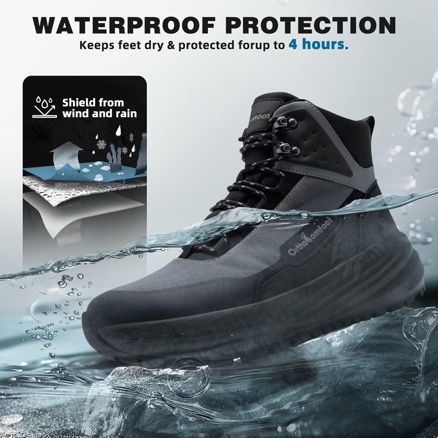 Men's Orthopedic Wide Waterproof Hiking Boots: Comfortable Plantar Fasciitis Diabetic Arch Support Trekking Walking Shoes, Orthotic Non Slip Outdoor Adventures Mid Ankle Boots for Foot and Heel Pain - Image 2