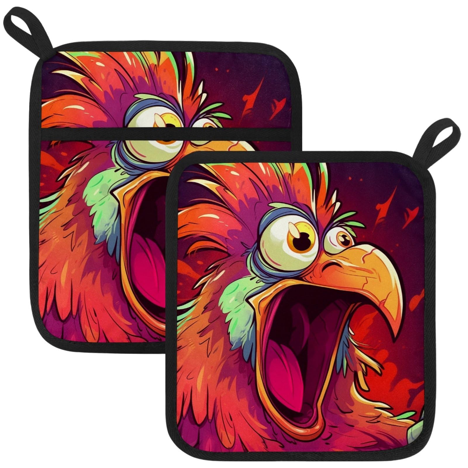 VAPOKF Surprised Rooster Heat Resistant Pot Holders, Thick Pot Holders Pad with Hanging Loop for Kitchen, Oven Cloth Pads for Kitchen Baking Microwave Oven