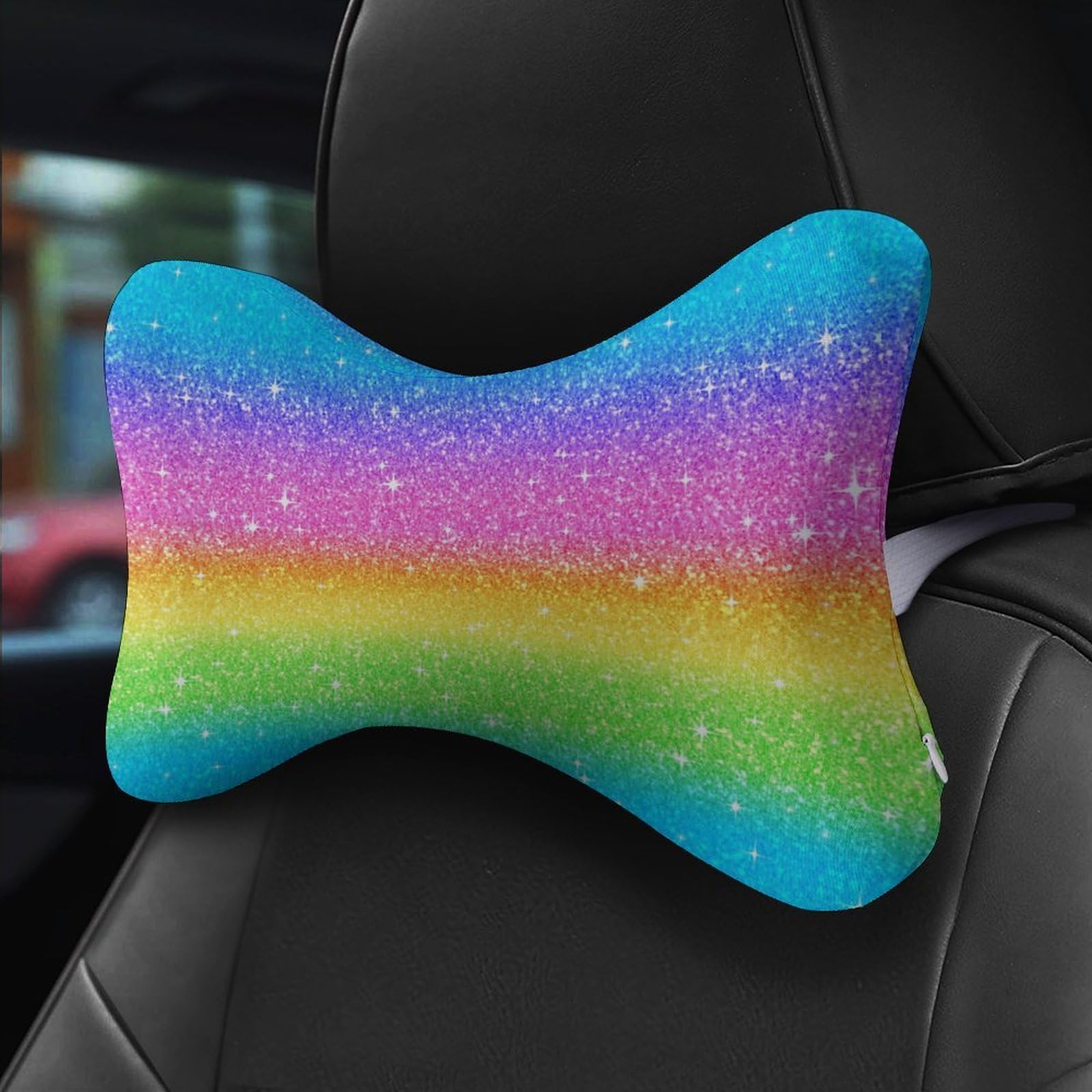 SMAZDFXX Rainbow Ombre Glitters Car Neck Pillow Set of 2 Car Seat Head Support Cushion Bone Pillows with Elastic Strap