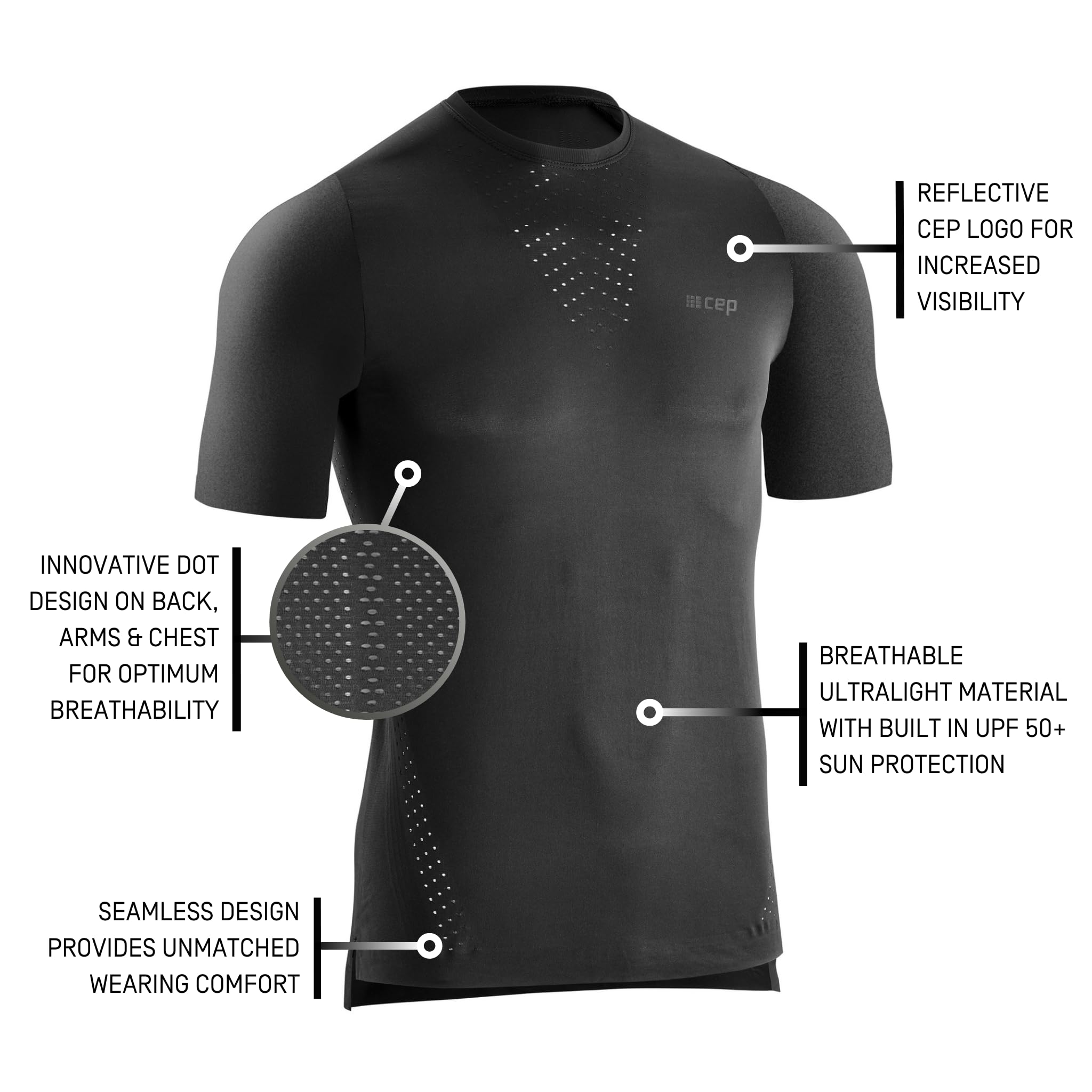 CEP – Run Ultralight Shirt Short Sleeve für Herren | Atmungsaktives Kurzarm Laufshirt mit perfektem Black | Größe M