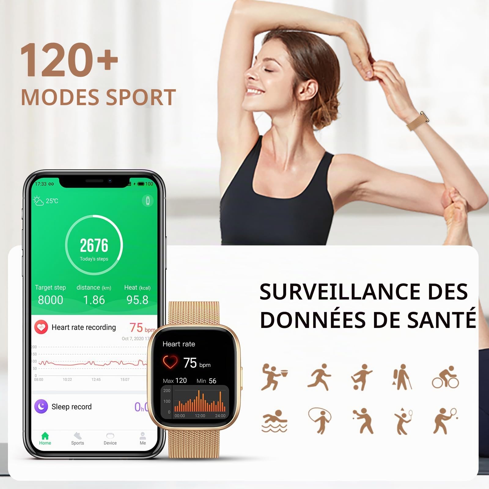 Montre Connectée Femme, 1.91" HD Smartwatch Fonction Féminine avec Appel Bluetooth 5.4, 120+ Modes Sportifs, 200+ Cadrans personnalisés, 24H Moniteur Sommeil/FC/SpO2, Android iOS, Or Rose