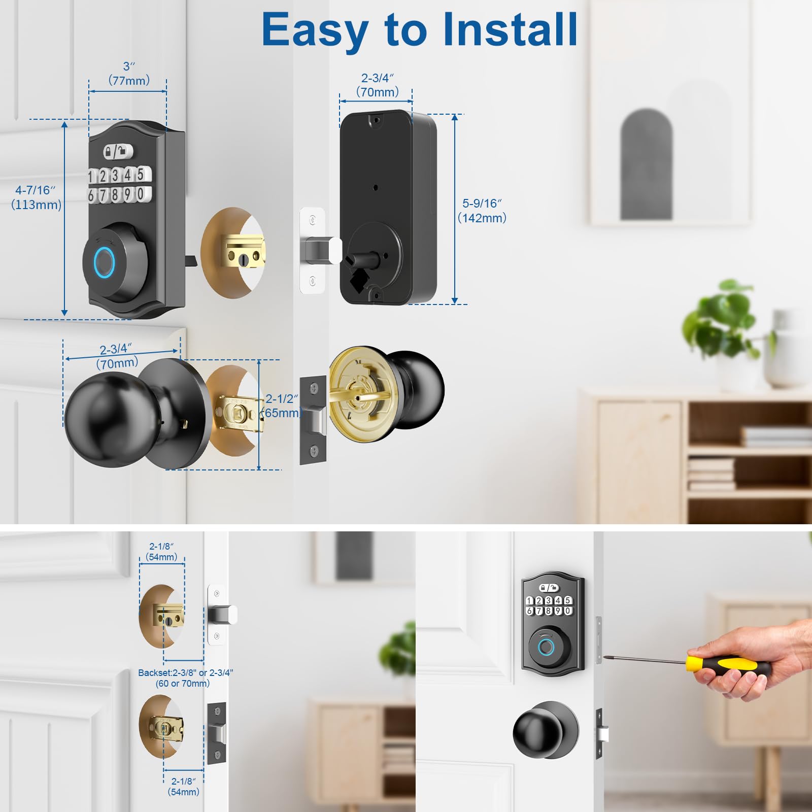 Serratura per porta d'ingresso senza chiave con set di maniglie, tastiera elettronica Deadbolt Smart Set di serratura per porta anteriore con 2 manopole, controllo APP, impronte digitali,
