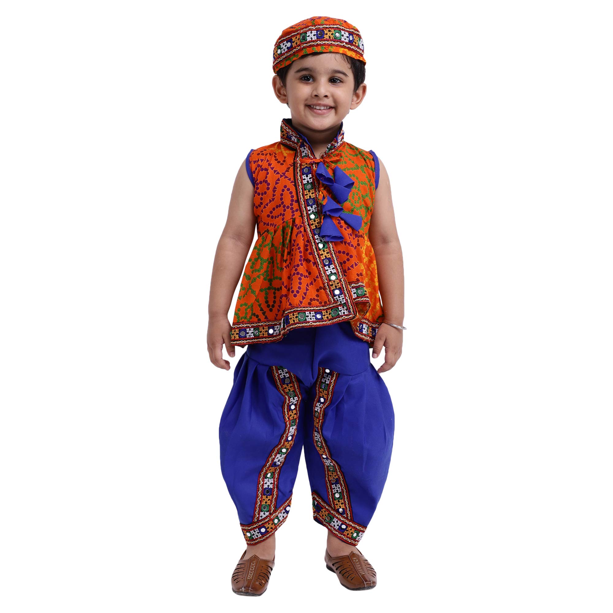 BownBee Ethnic Wear Bandhani Printed Front Open Navratri Kurta Kediyu Dhoti Set for Boys, Sleeveless Above Knee Kurta with Mandarin Collar, Ideal for All Festivals