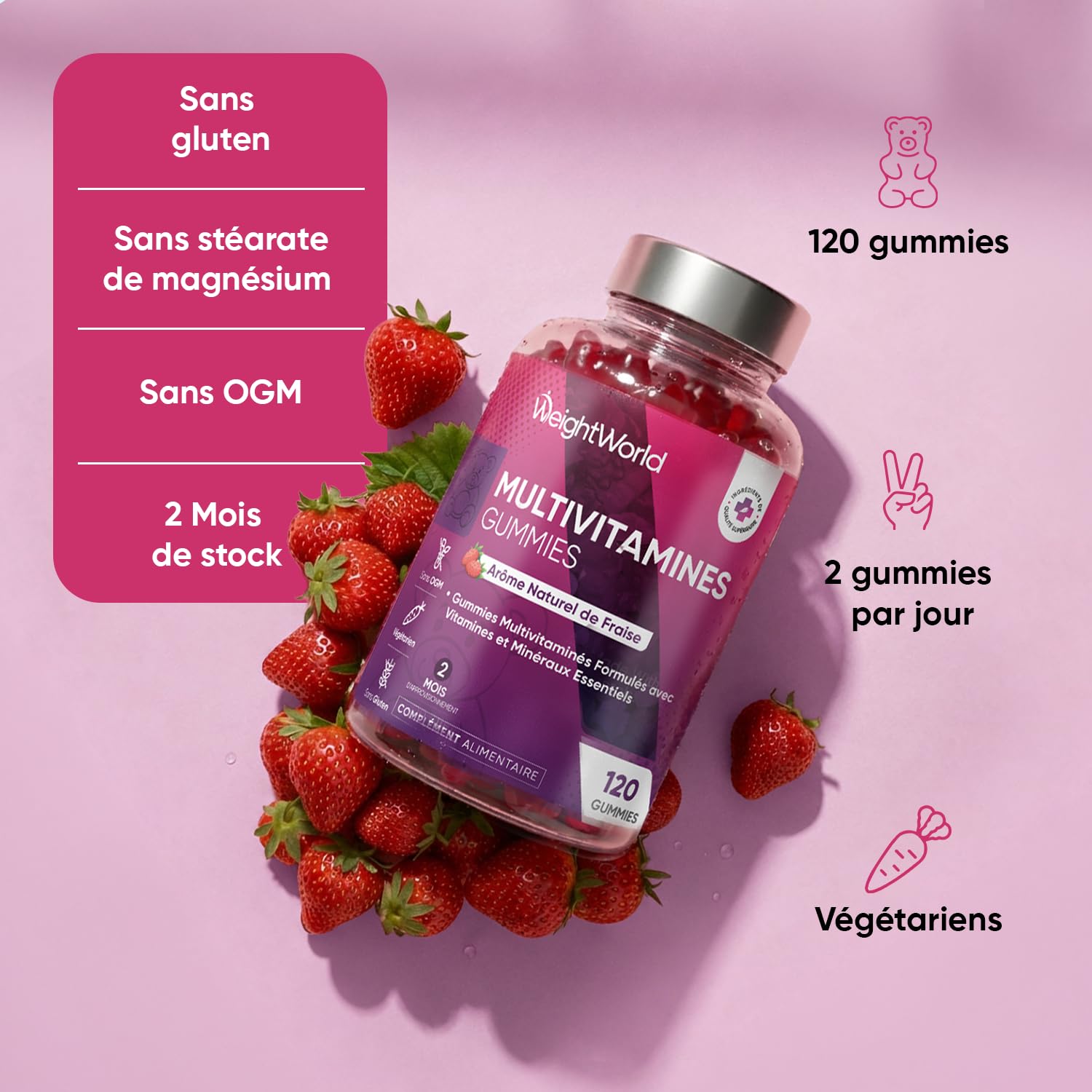 Gummies Multivitamines et Minéraux 120 Gummies 2 Mois de Stock, 13 Vitamines et Minéraux Essentiels, Vitamine C, Zinc, Vitamine B12, D3, E, Iode, A, B, Biotine, Arôme Naturel de Fraise - sans OGM