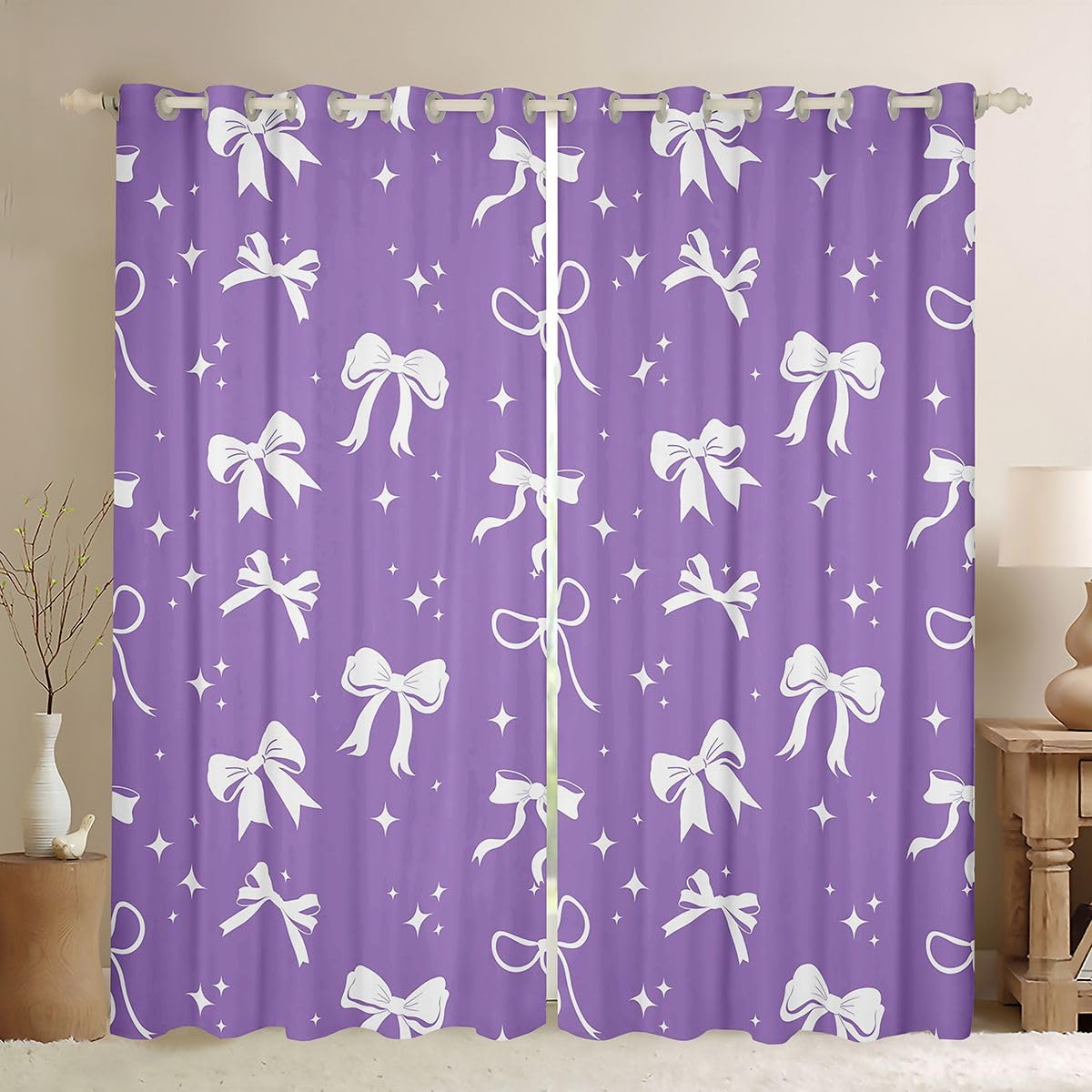 Homewish Fioletowa kokardka zasłony okienne 117 x 183 cm, 2 zestawy paneli - urocza wstążka kokardka zasłony zaciemniające księżniczka muszka dekoracje okienne zasłony kokardka artykuły imprezowe do