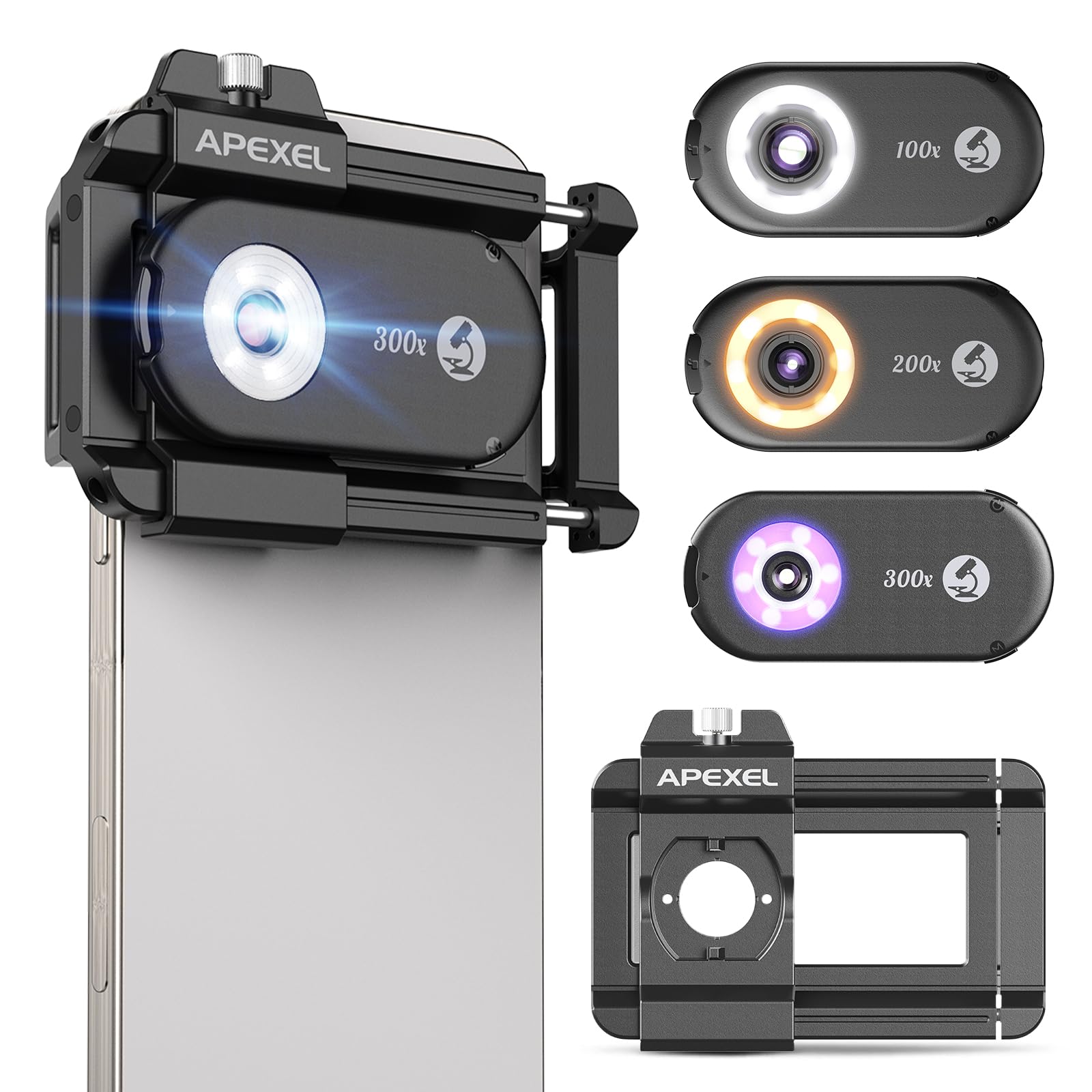 APEXEL 3-in-1 Phone Microscope Lens, PhoneMicro 5 Series 100X/200X/300X Phone Micro Lens for Android/iPhone with LED Light/CPL/Universal Clip, Phone Lens Attachment Mini Pocket Microscope Camera
