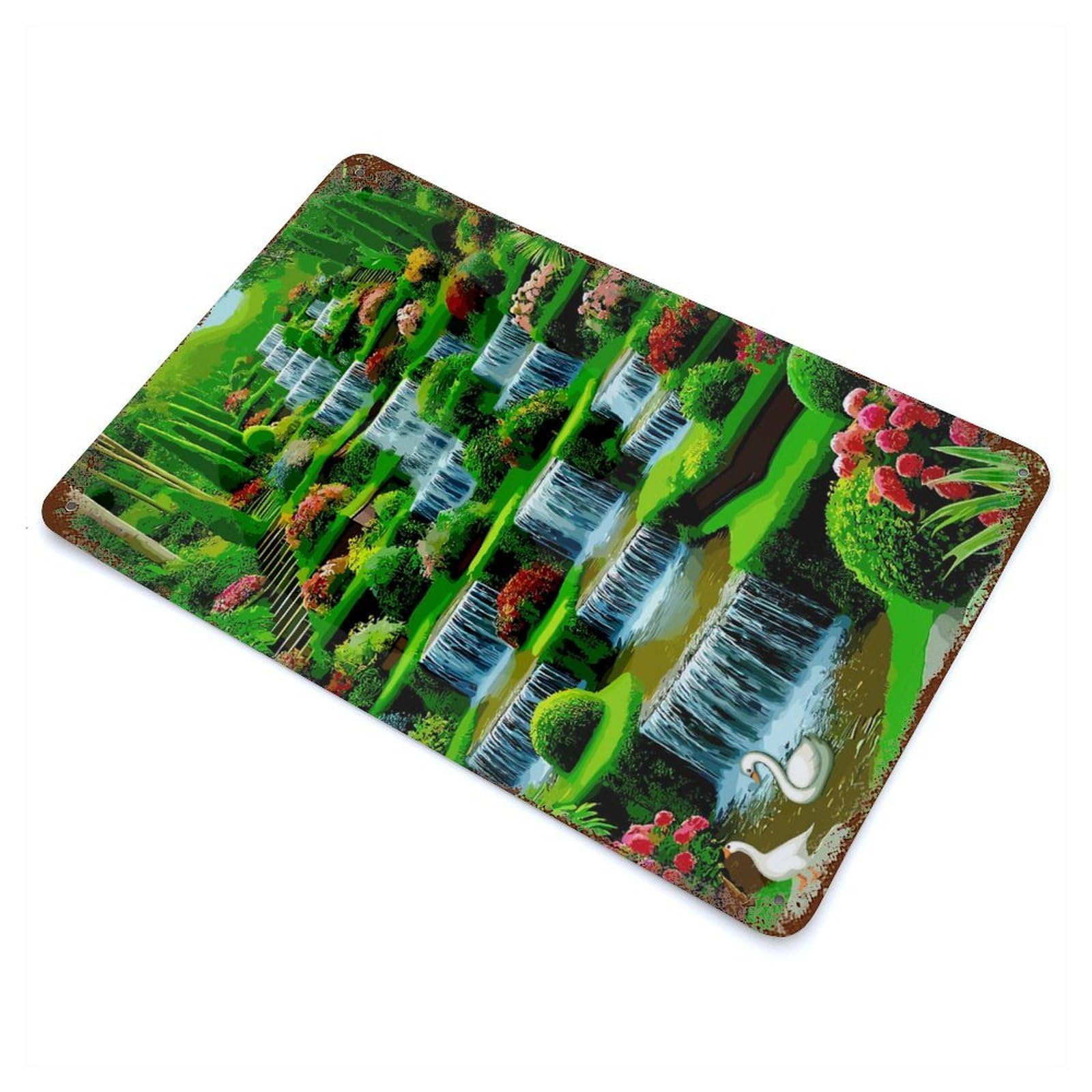Cascading Waterfall Garden with Swans Vintage Rust Metal Sign 11.8"x7.9", Retro Wall Decor for Garage, Pub Or Kitchen