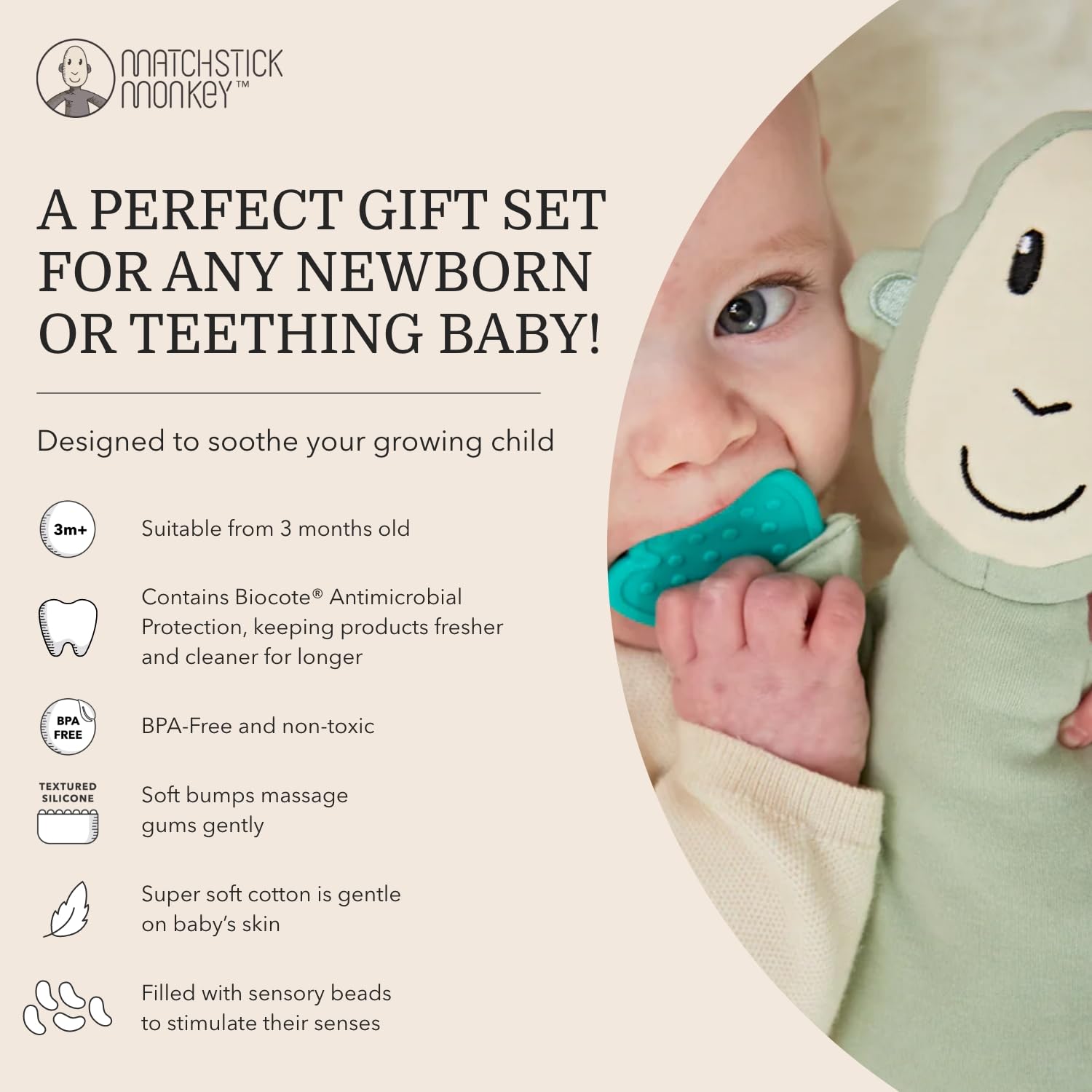 Matchstick Monkey Plush Toy Sensory Teething Teddy Gift Set, Soft Cotton, Filled with Sensory Beads, Antimicrobial Protection - Image 3