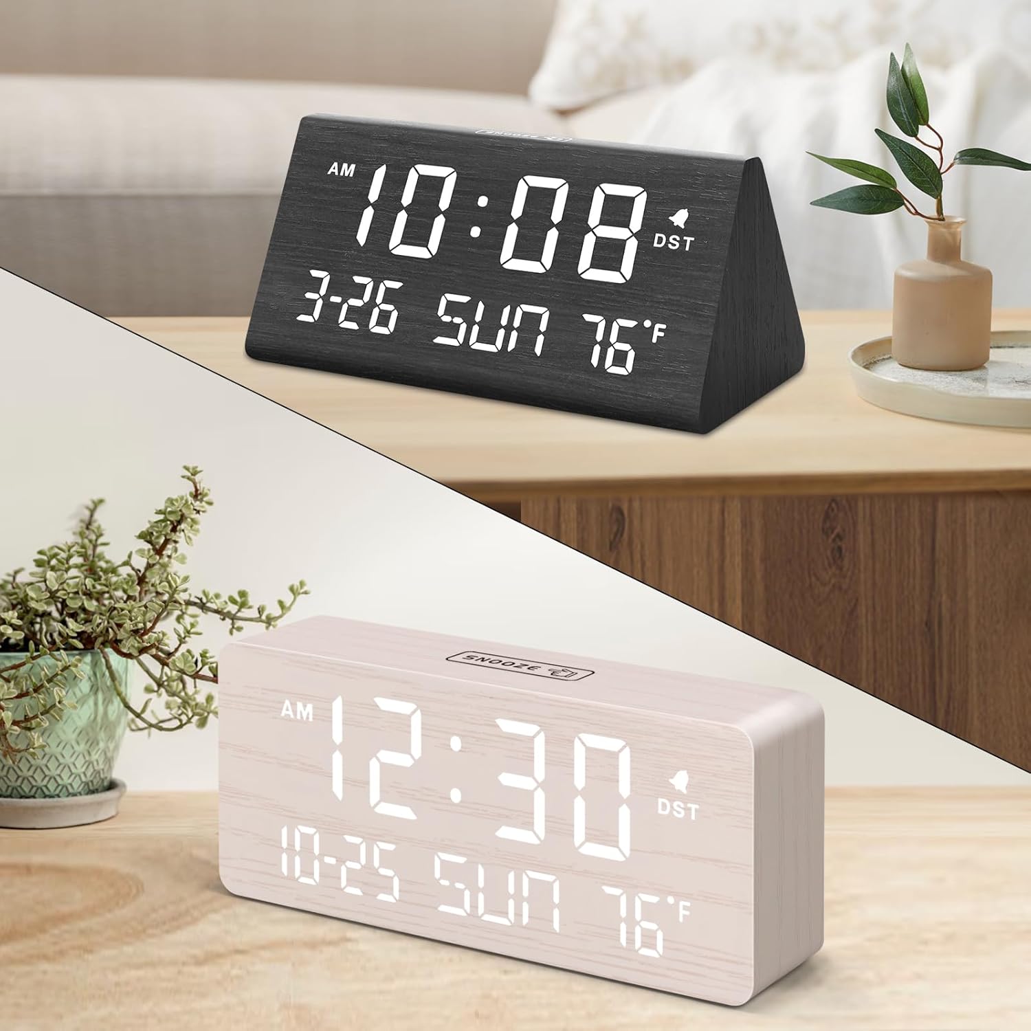 DreamSky Wooden Digital Alarm Clock with Date and Day