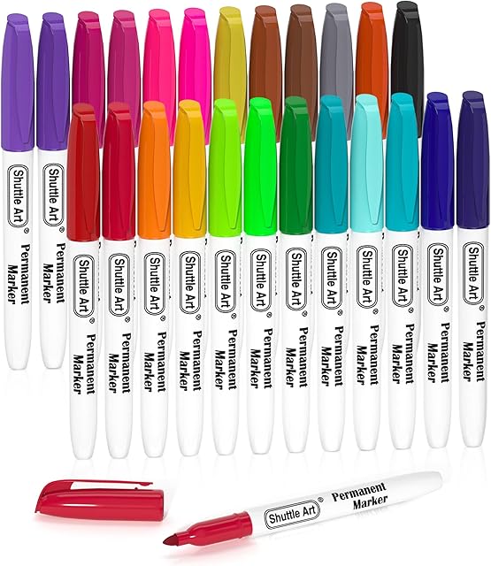 Permanent Markers, 24 Colors Fine Point Assorted Colors Permanent Marker Set, Works on Plastic,Wood,Stone,Metal and Glass for Doodling, Coloring, Marking by Shuttle Art 