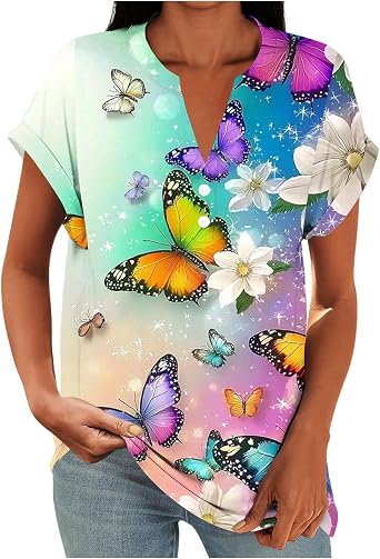 Womens Short Sleeve Shirts 2026 Spring Summer Button V Neck Henley Tops Funny Striped Floral Print Blouses T-Shirts