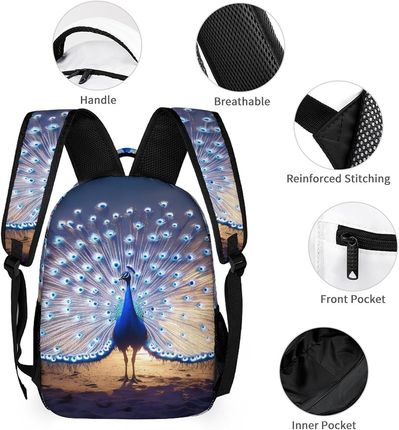 Peacock on Beach Cute Backpack Sets with Lunch Box And Pencil Case Casual 3Pcs Daypack Set for Women Men image 3