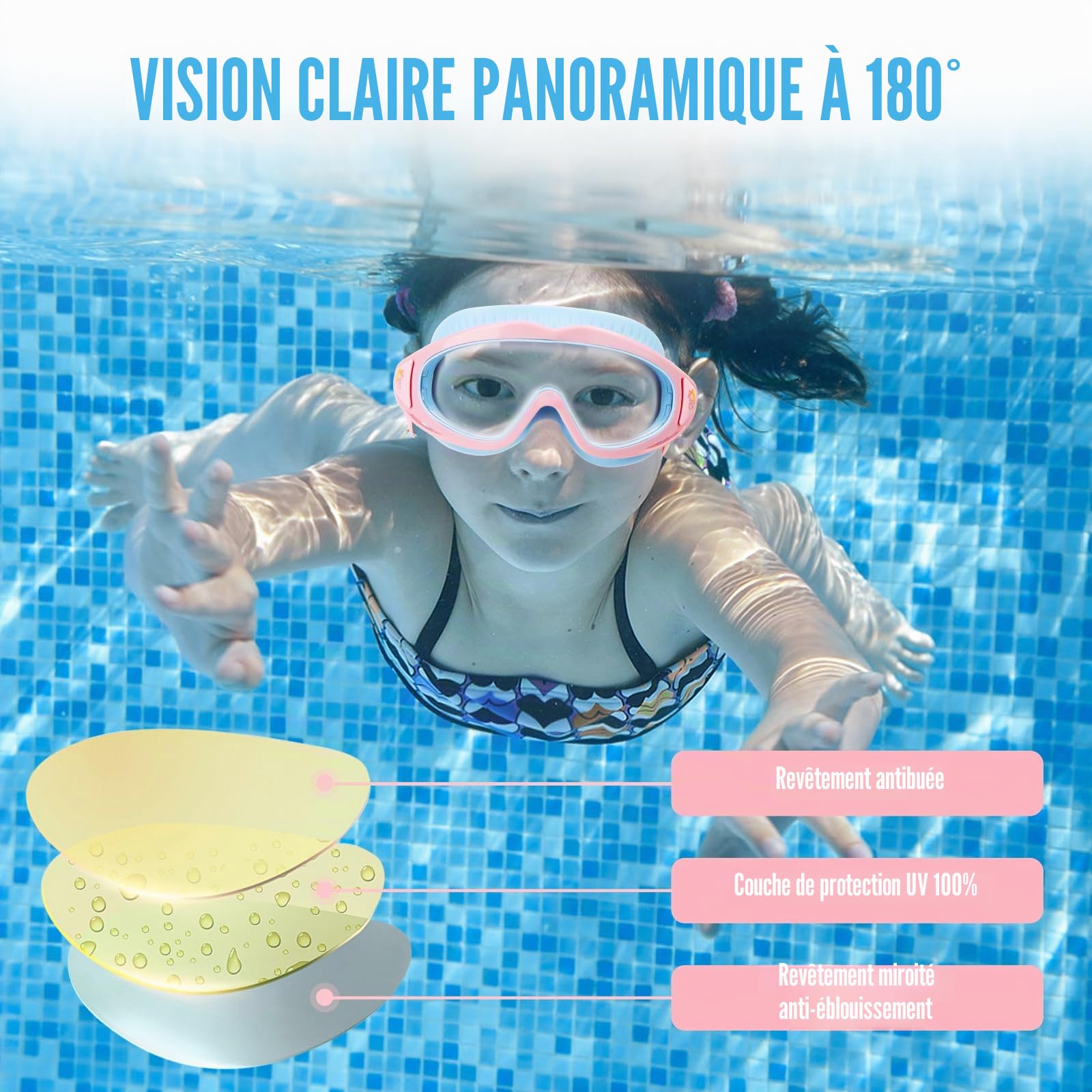 Lunettes de natation pour enfants de 3 à 15 ans, anti-buée, étanches, masque de plongée panoramique à 180°, anti-fuite, masque de plongée pour garçons et filles