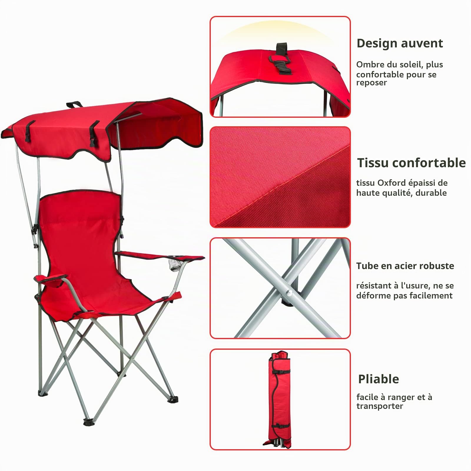 Kedia Chaise de Camping Pliante avec Toit Parasol, Porte-Boisson, Chaise de Pêche pour Camping Pêche Excursion Plage (Rouge)