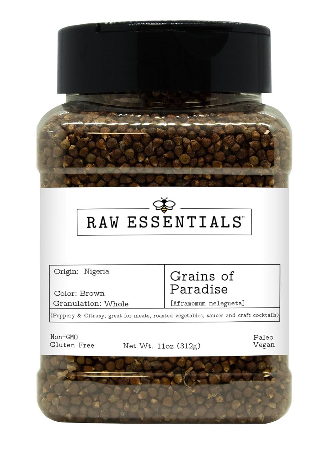 Raw Essentials Grains of Paradise – Whole Melegueta Pepper – Peppery Citrus Flavor for Meats, Baking, Roasted Vegetables, Sauces and Cocktails – Non GMO, Gluten Free, Paleo, Vegan – 11 oz